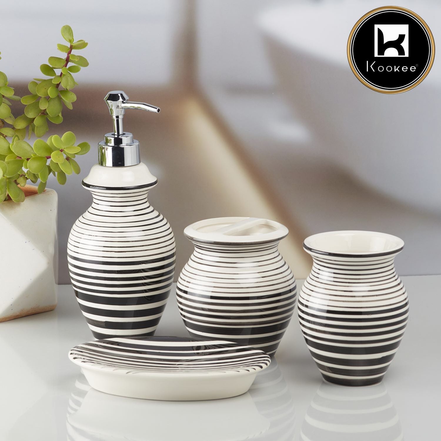 Ceramic Bathroom Set of 4 with Soap Dispenser (10187)