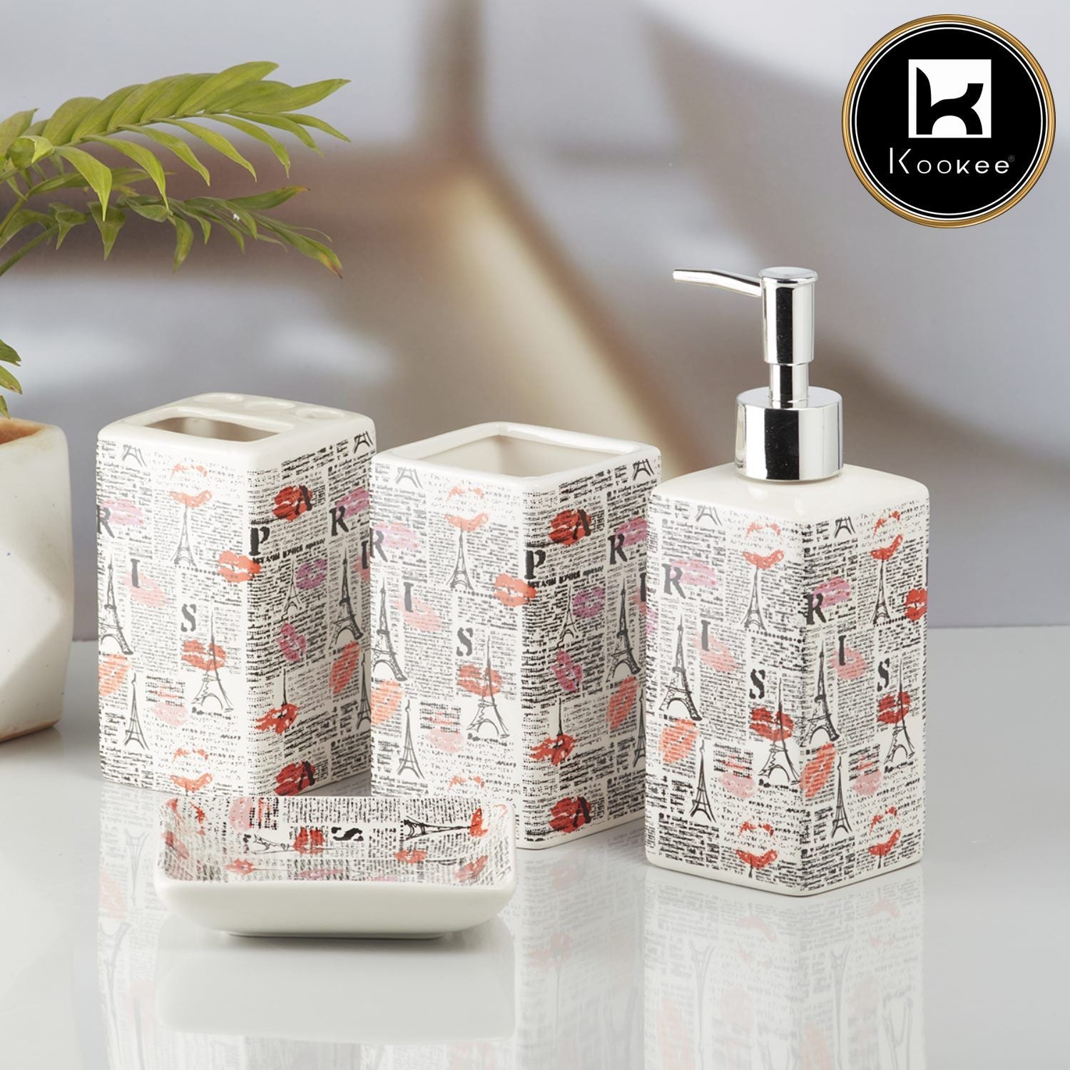 Ceramic Bathroom Accessories Set of 4 with Soap Dispenser (10190)