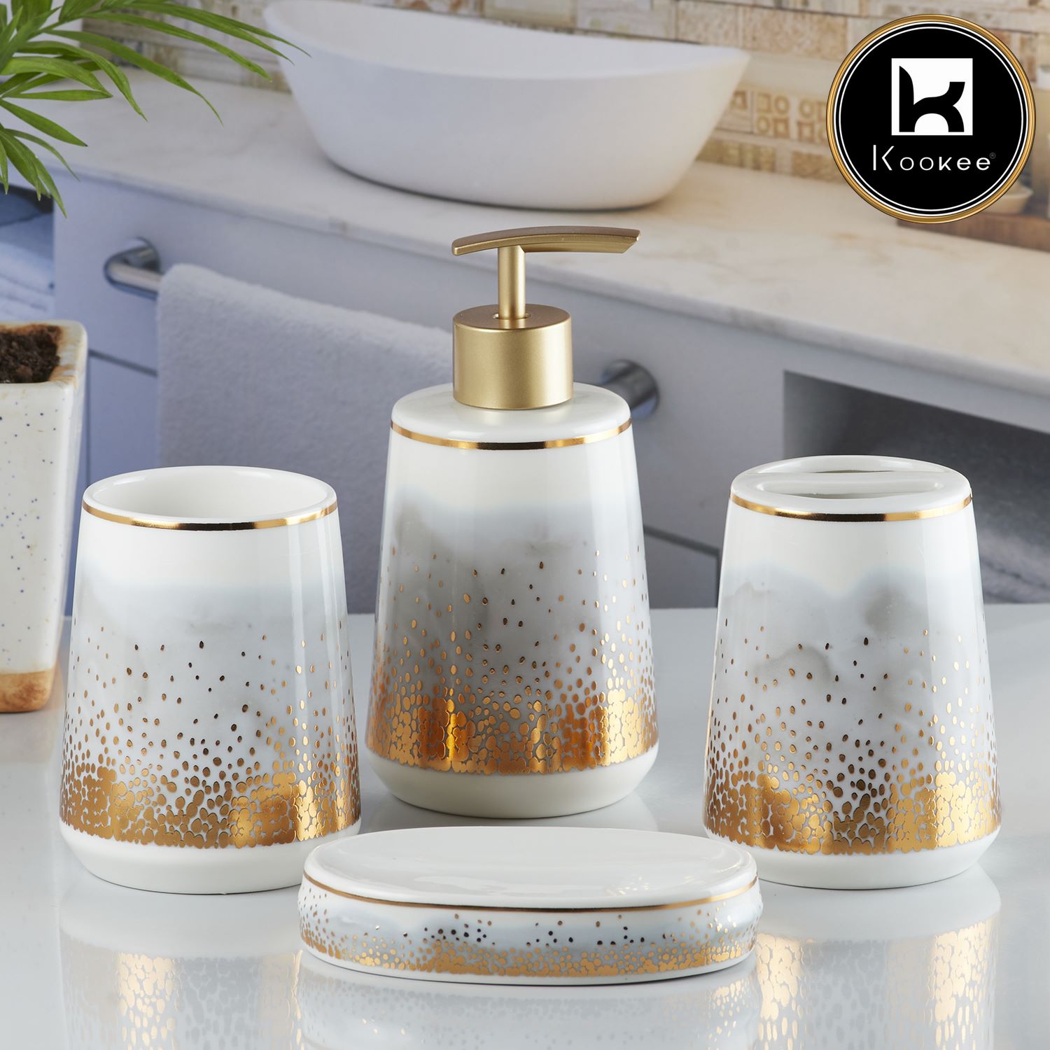 Ceramic Bathroom Set of 4 with Soap Dispenser (10192)