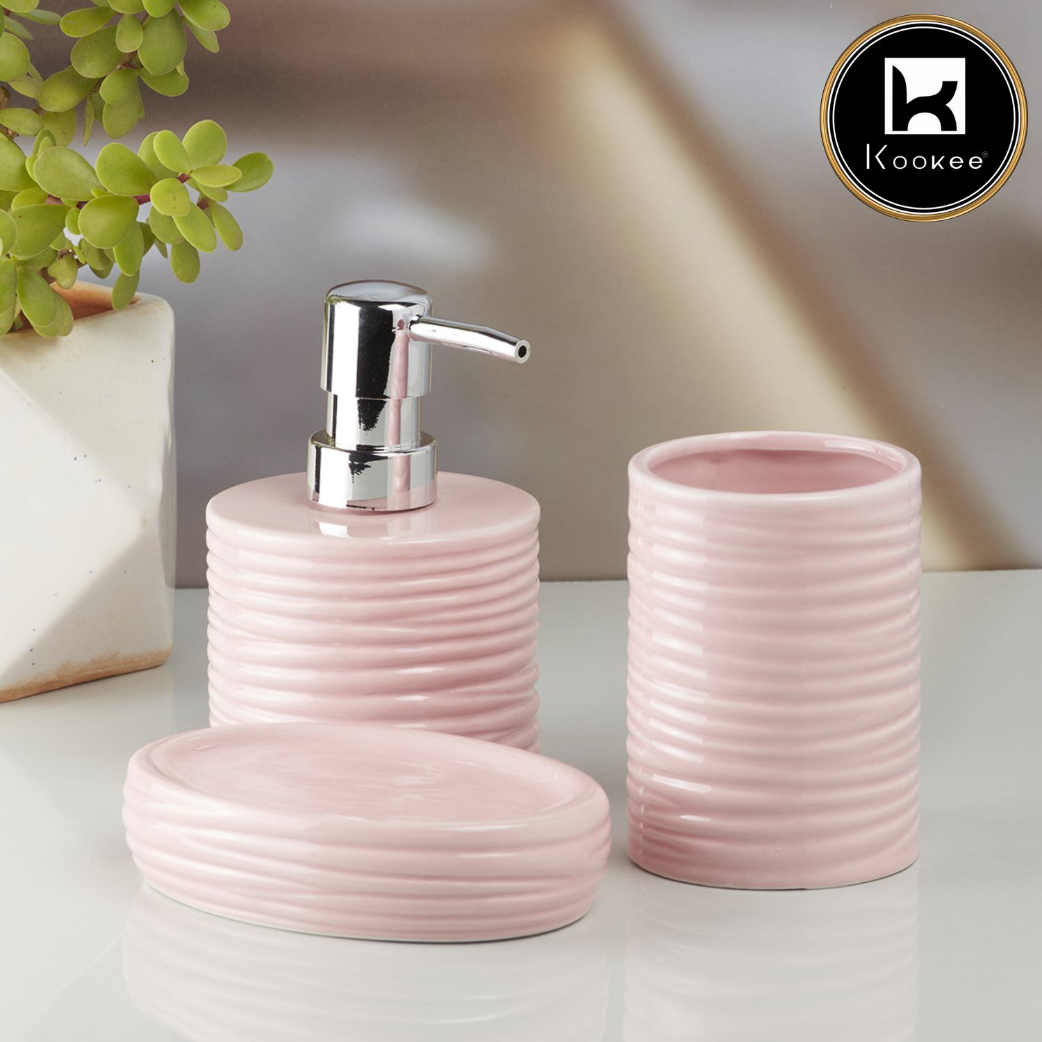 Kookee Ceramic Bathroom Sets, Pink, ART10196