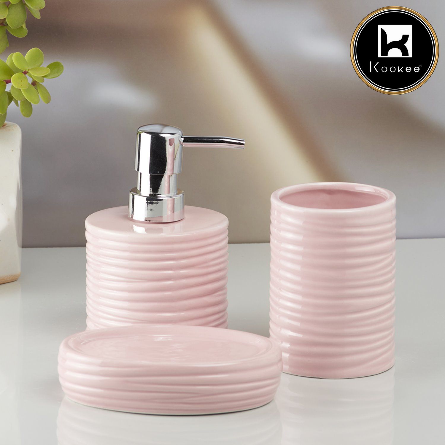 Kookee Ceramic Bathroom Accessories Set of 3, Modern Bath Set with Liquid handwash Soap Dispenser and Toothbrush holder, Luxury Gift Accessory for Home, Pink