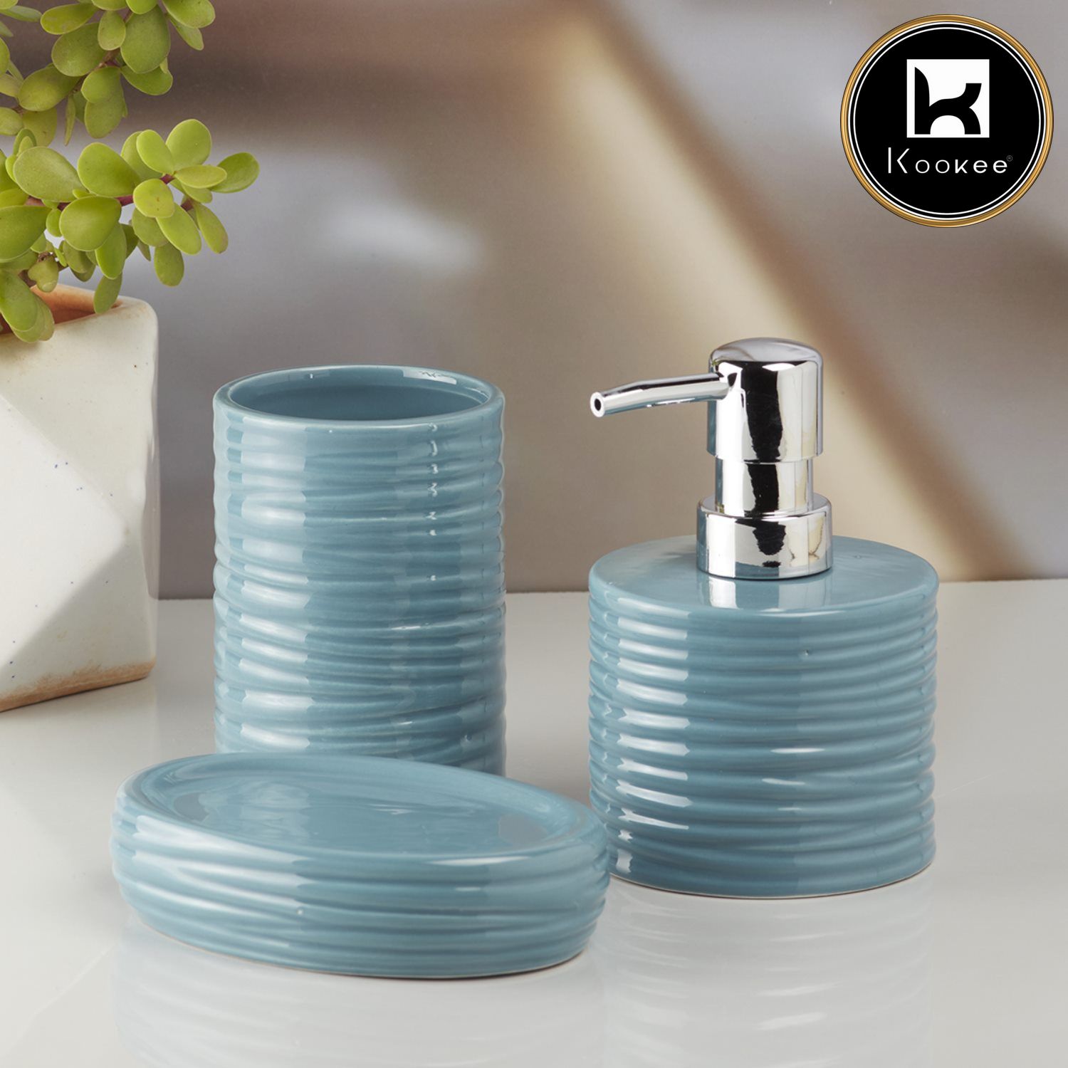 Kookee Ceramic Bathroom Accessories Set of 3, Modern Bath Set with Liquid handwash Soap Dispenser and Toothbrush holder, Luxury Gift Accessory for Home, Blue