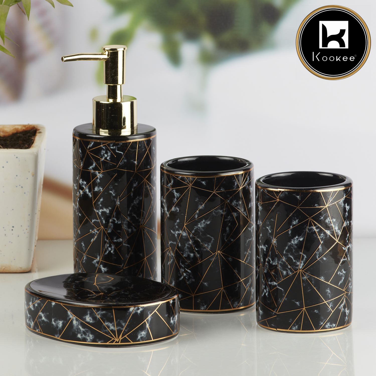 Kookee Ceramic Bathroom Accessories Set of 4, Modern Bath Set with Liquid handwash Soap Dispenser and Toothbrush holder, Luxury Gift Accessory for Home, Black/Gold