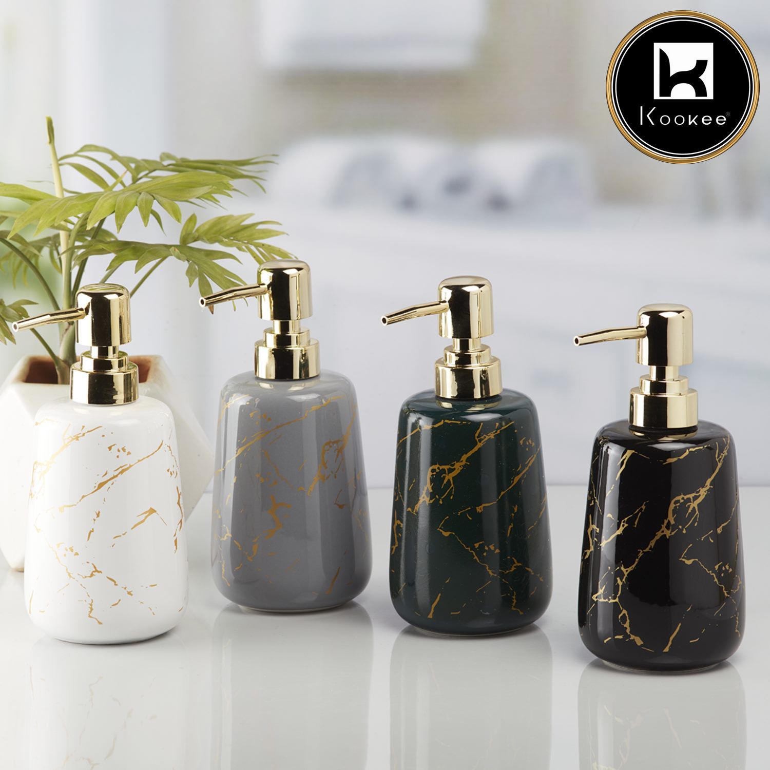 Ceramic Soap Dispenser for handwash for Bathroom, Green/Gold, (Set of 1) (10200)