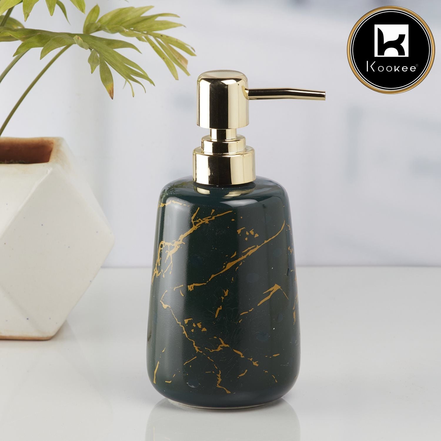 Kookee Ceramic Soap Dispenser with Stylish Refillable Pump Bottle for Bathroom Handwash & Kitchen Wash Basin, Perfect for Hand Soap, Lotion, and more, Green/Gold,