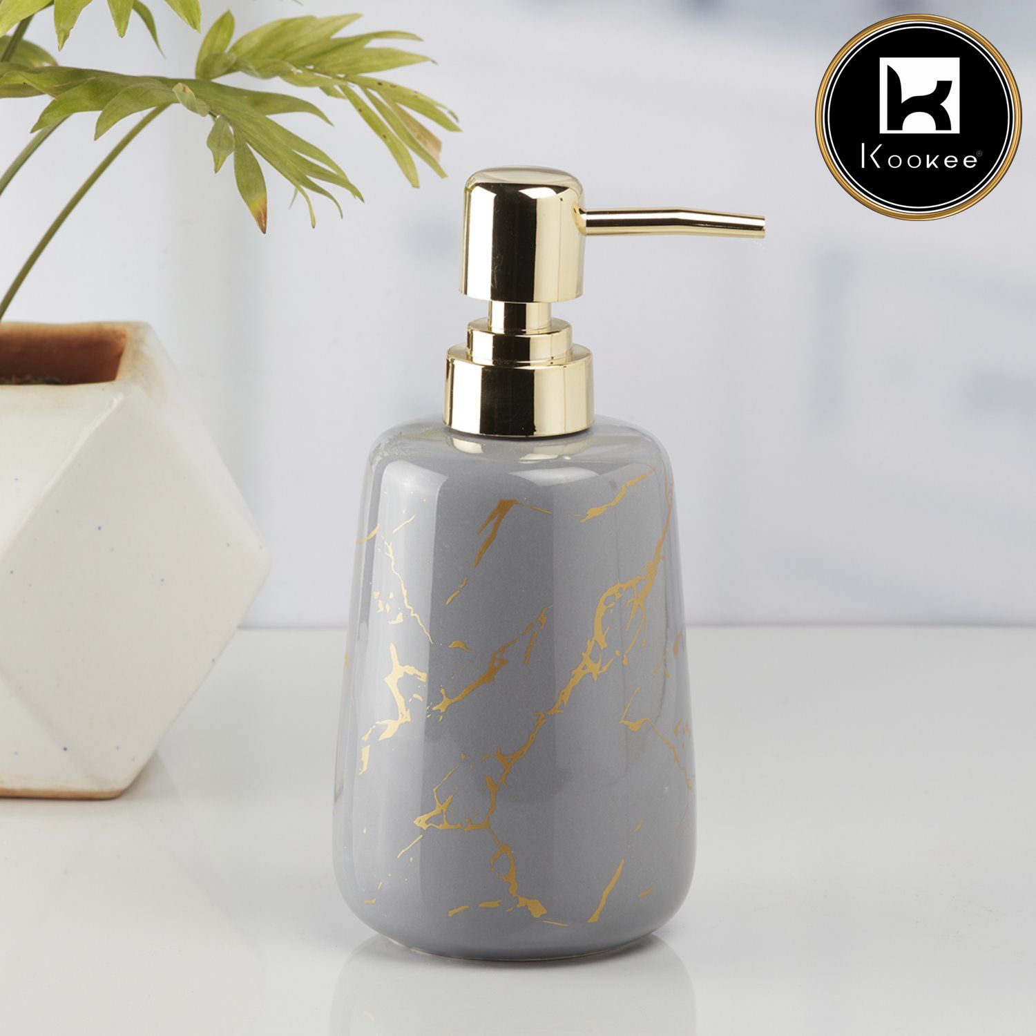 Kookee Ceramic Soap Dispenser with Stylish Refillable Pump Bottle for Bathroom Handwash & Kitchen Wash Basin, Perfect for Hand Soap, Lotion, and more, Grey/Gold,