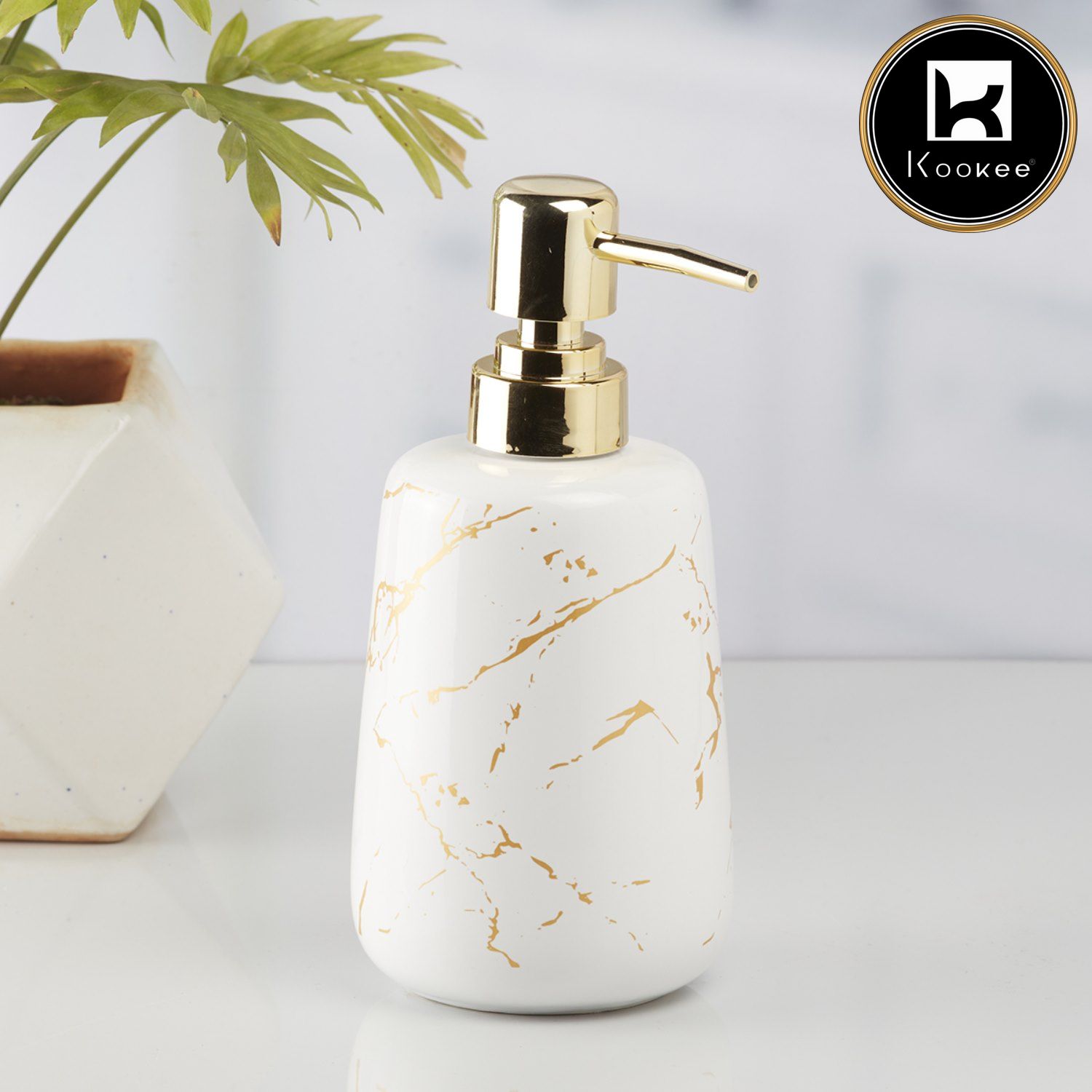 Ceramic Soap Dispenser for handwash for Bathroom, White/Gold, (Set of 1) (10203)