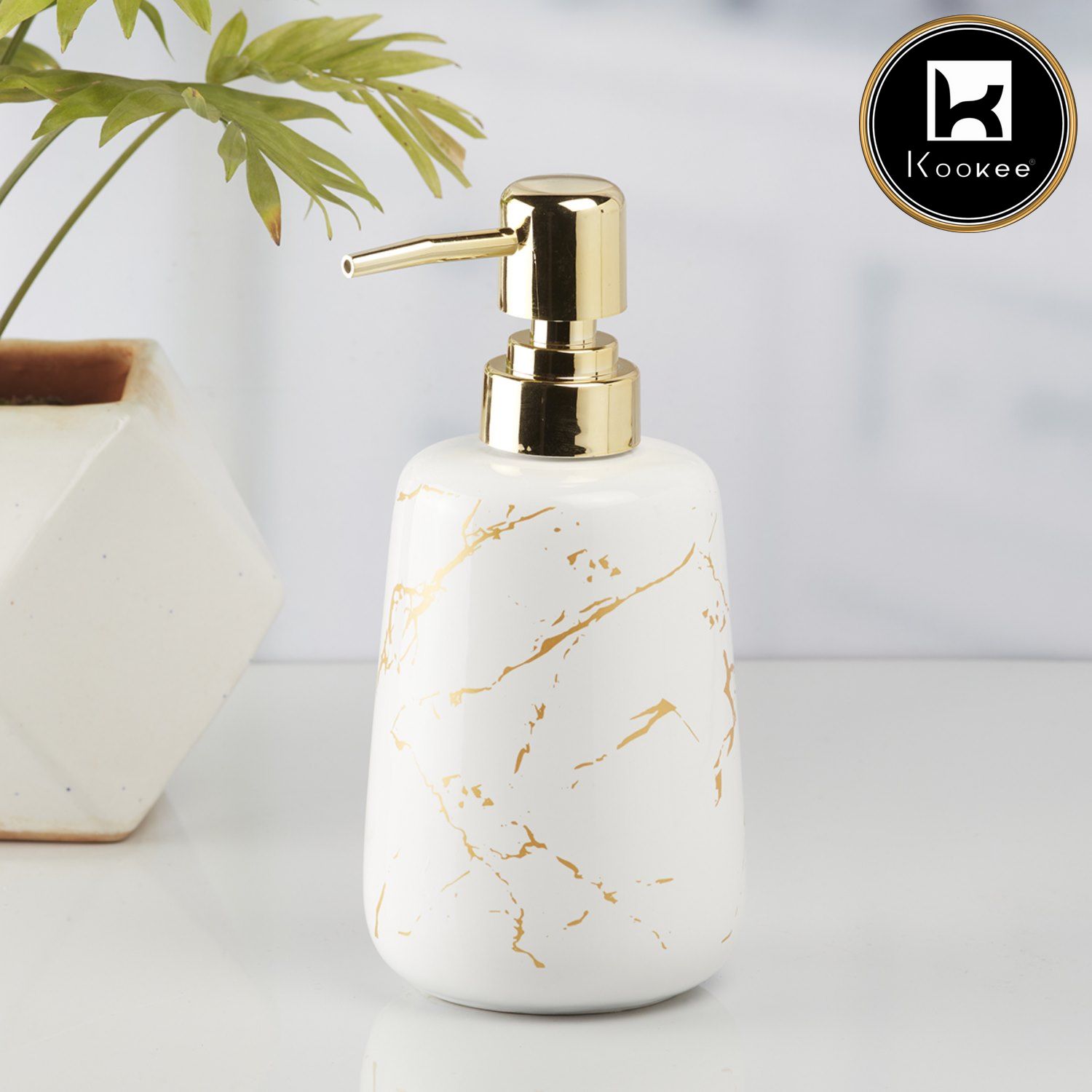 Ceramic Soap Dispenser for handwash for Bathroom, White/Gold, (Set of 1) (10203)