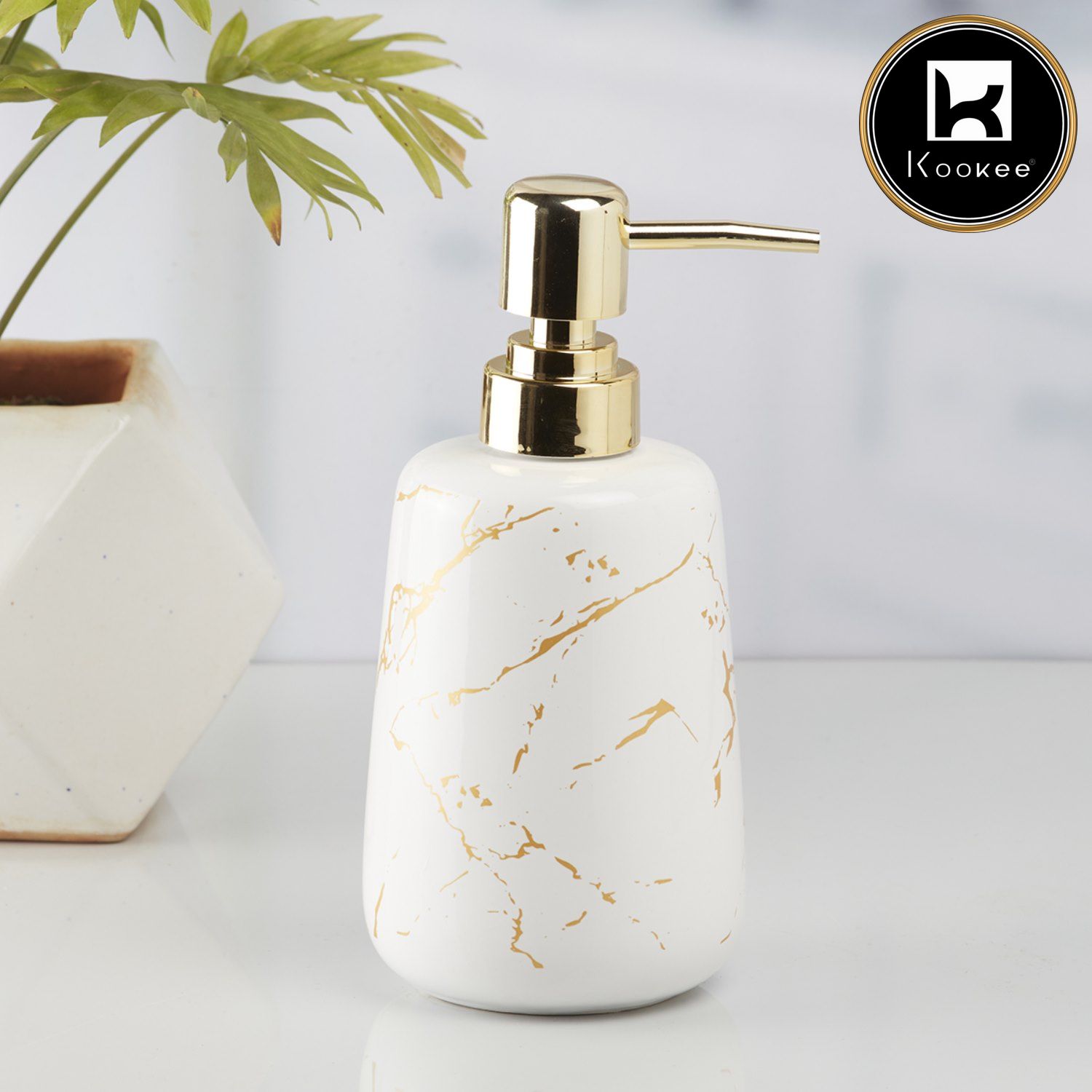 Ceramic Soap Dispenser for handwash for Bathroom, Green/Gold (Set of 2) (10823)