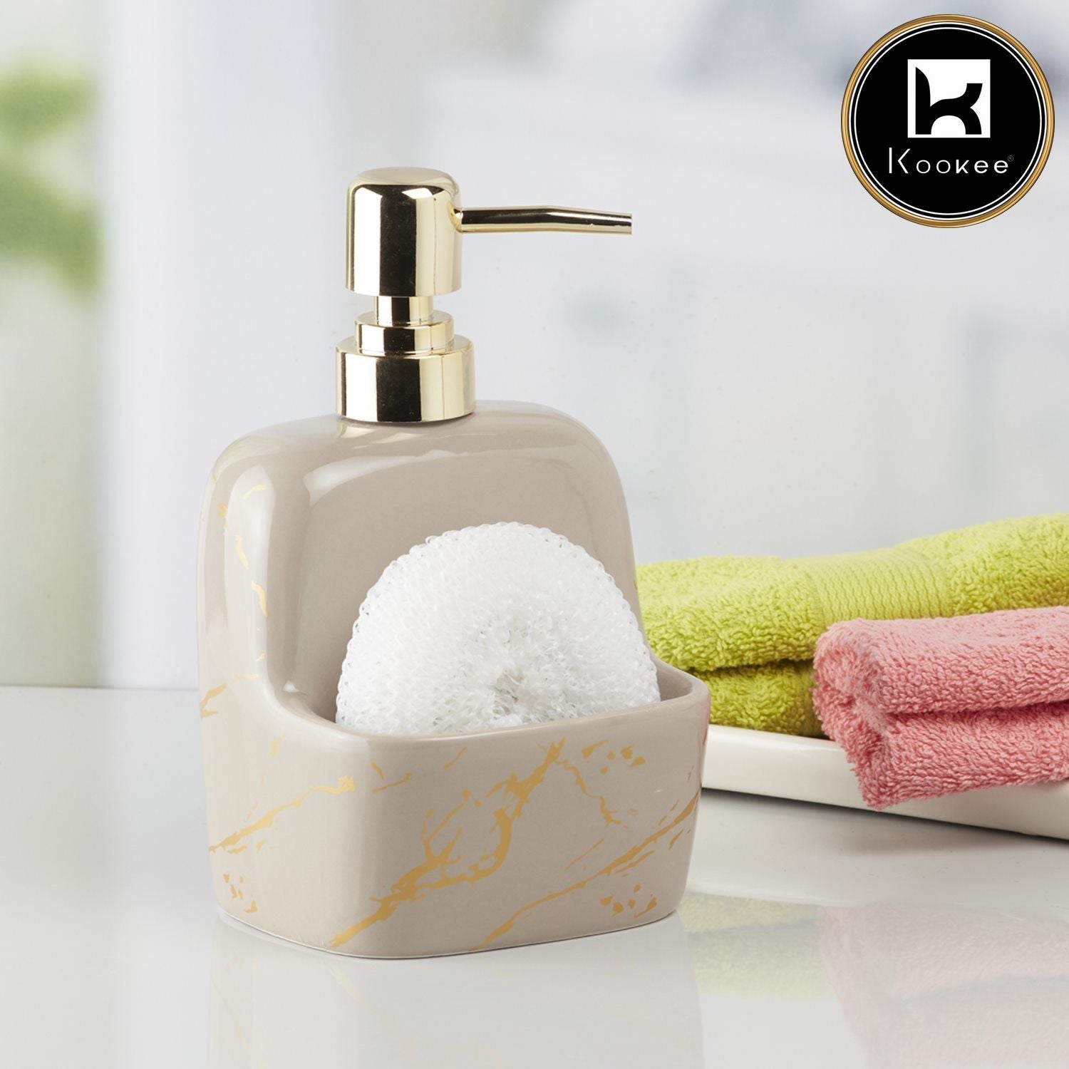 Kookee Ceramic Soap Dispenser with Stylish Refillable Pump Bottle for Bathroom Handwash & Kitchen Wash Basin, Perfect for Hand Soap, Lotion, and more, Beige,