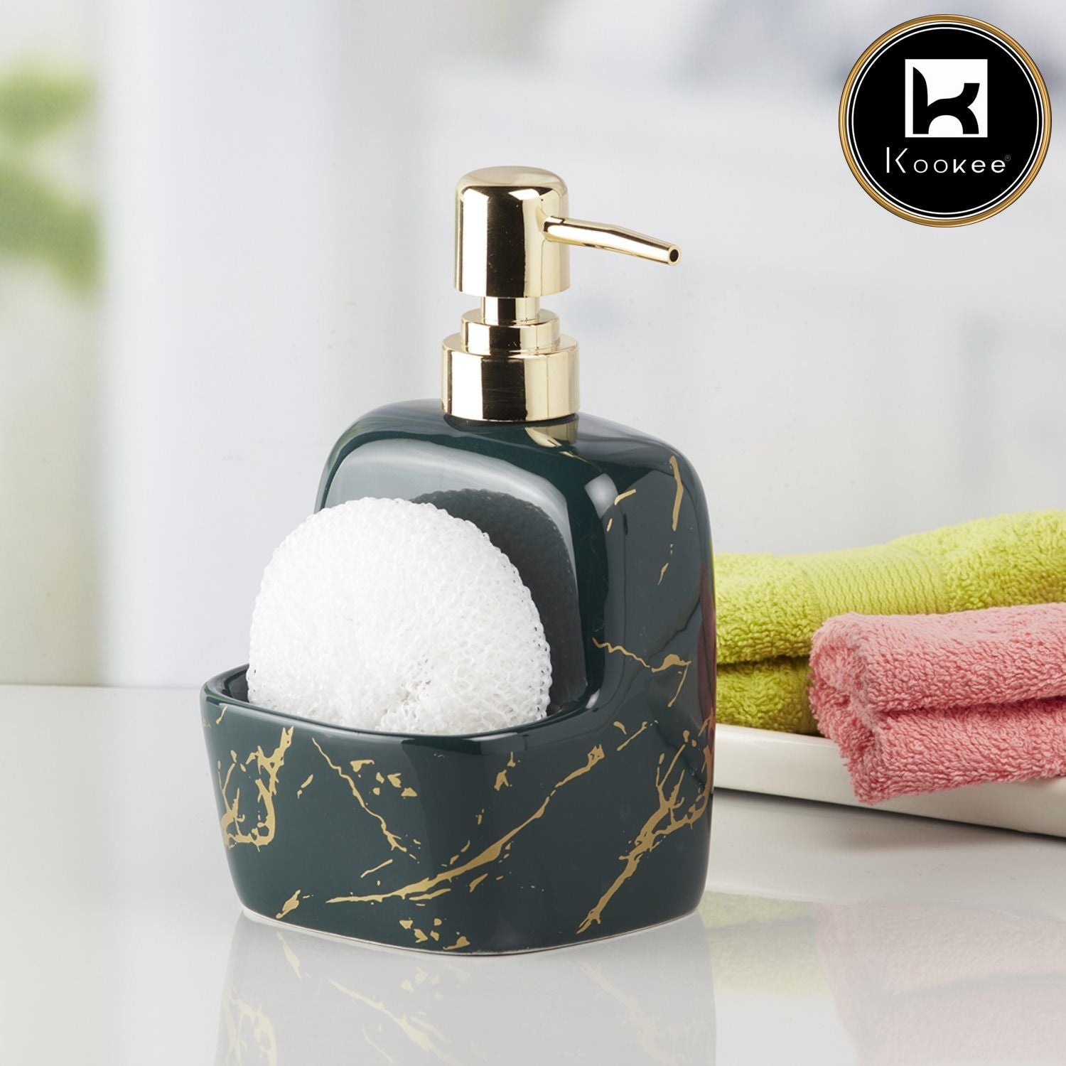 Ceramic Soap Dispenser for handwash for Bathroom, Green/Gold, (Set of 1) (10206)