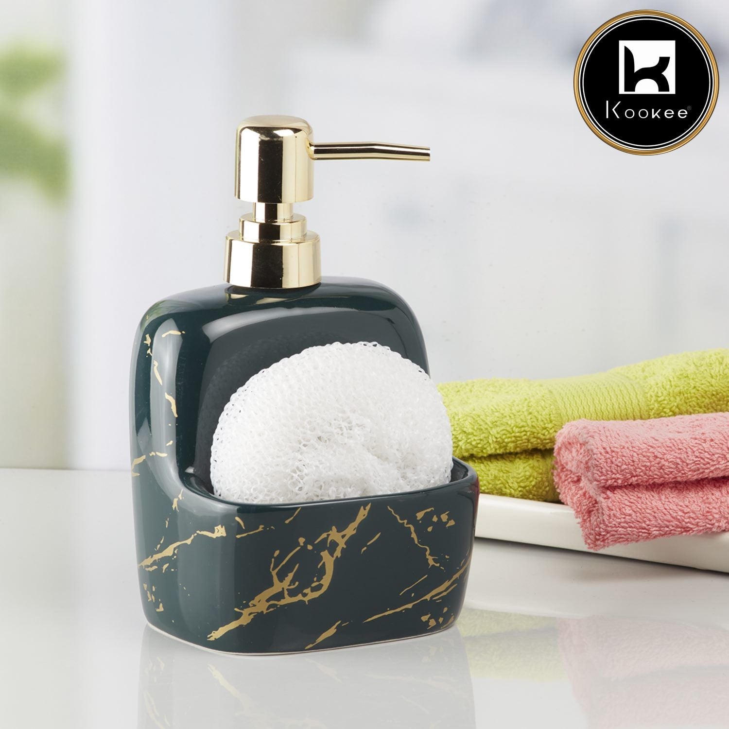 Kookee Ceramic Soap Dispenser with Stylish Refillable Pump Bottle for Bathroom Handwash & Kitchen Wash Basin, Perfect for Hand Soap, Lotion, and more, Green/Gold,