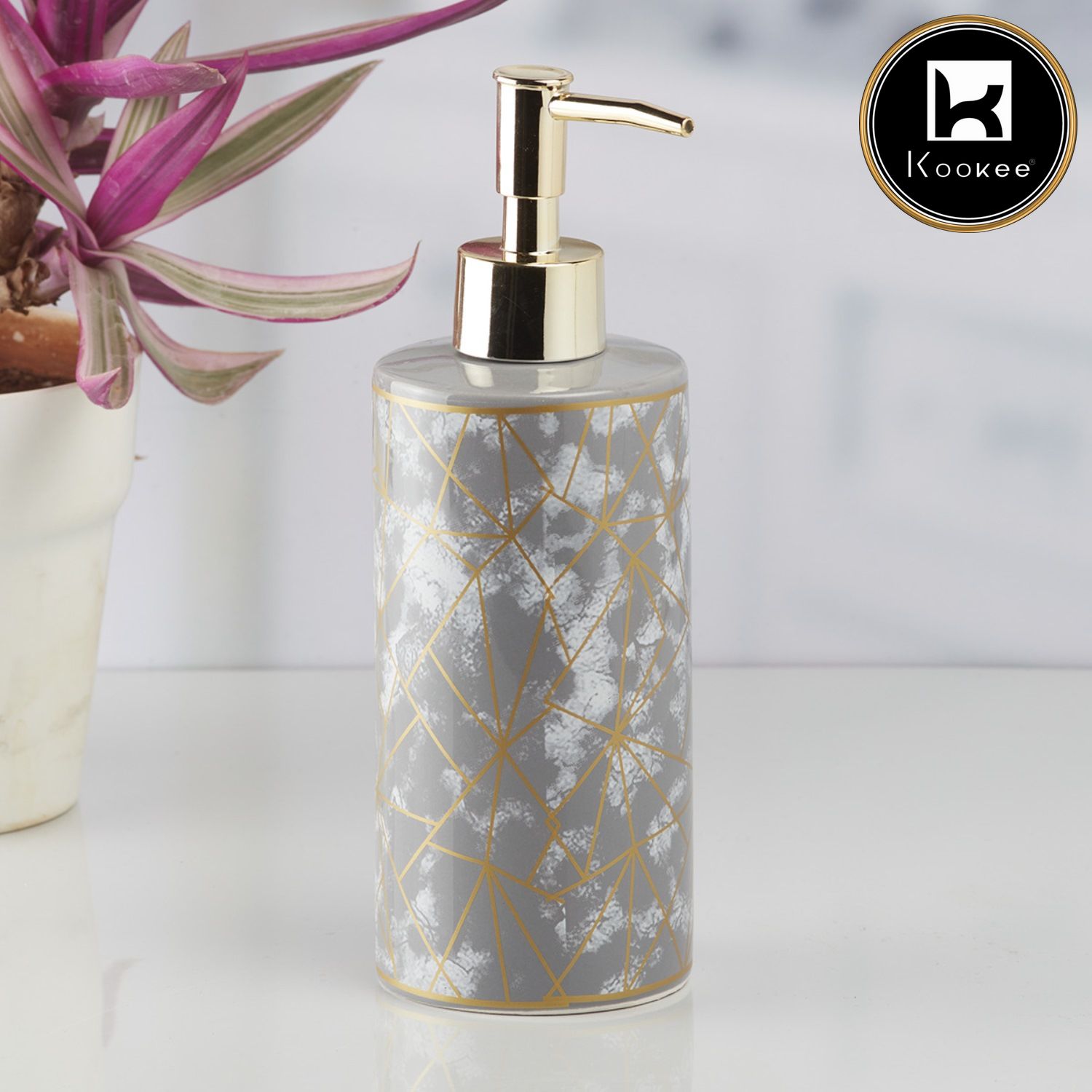 Ceramic Soap Dispenser for handwash for Bathroom, Grey/Gold, (Set of 1) (10208)