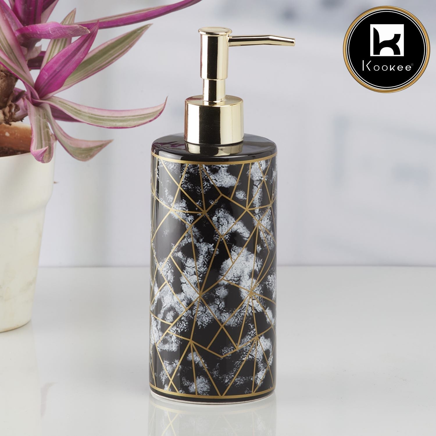 Kookee Ceramic Soap Dispenser with Stylish Refillable Pump Bottle for Bathroom Handwash & Kitchen Wash Basin, Perfect for Hand Soap, Lotion, and more, Black/Gold,