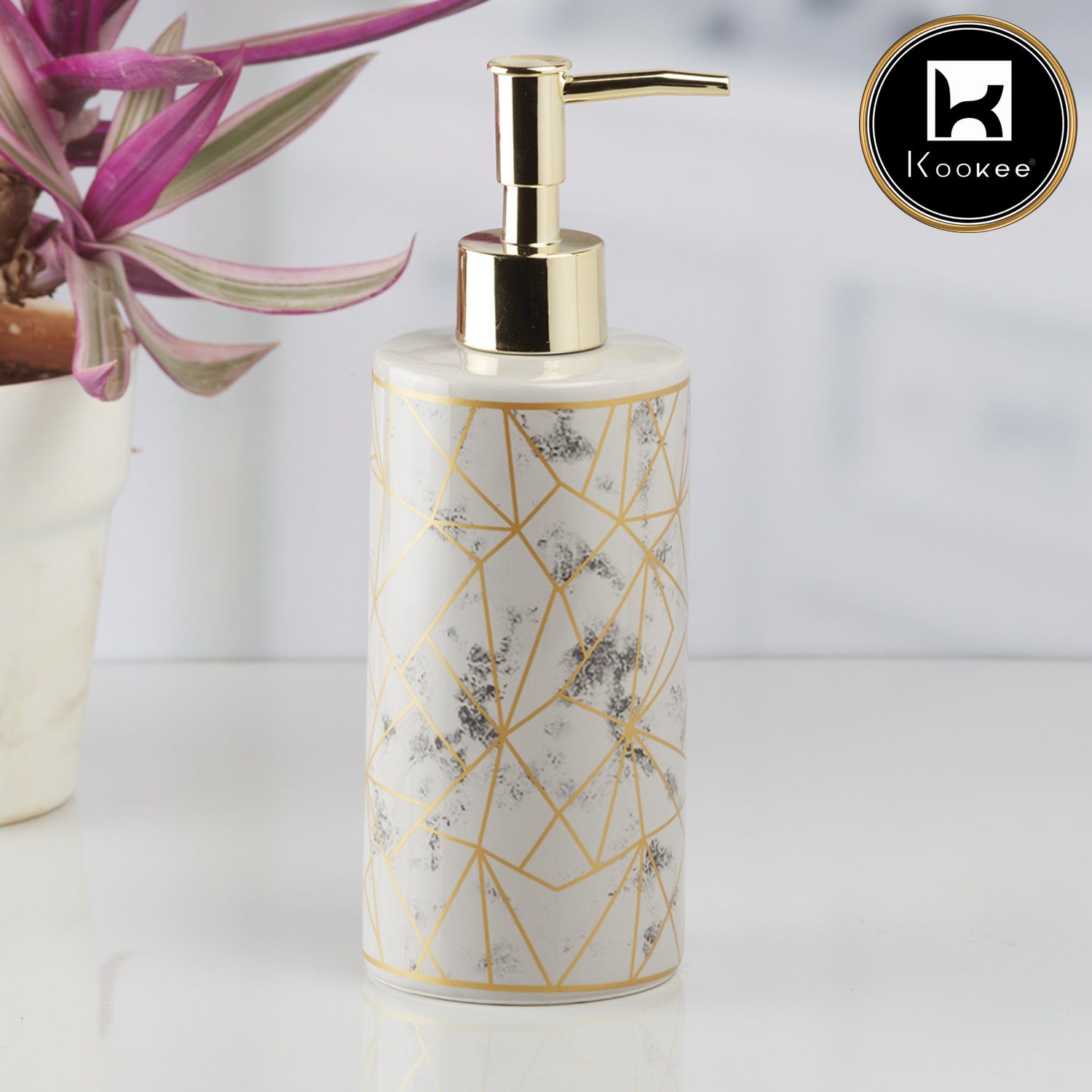 Kookee Ceramic Soap Dispenser with Stylish Refillable Pump Bottle for Bathroom Handwash & Kitchen Wash Basin, Perfect for Hand Soap, Lotion, and more, Grey/Gold,