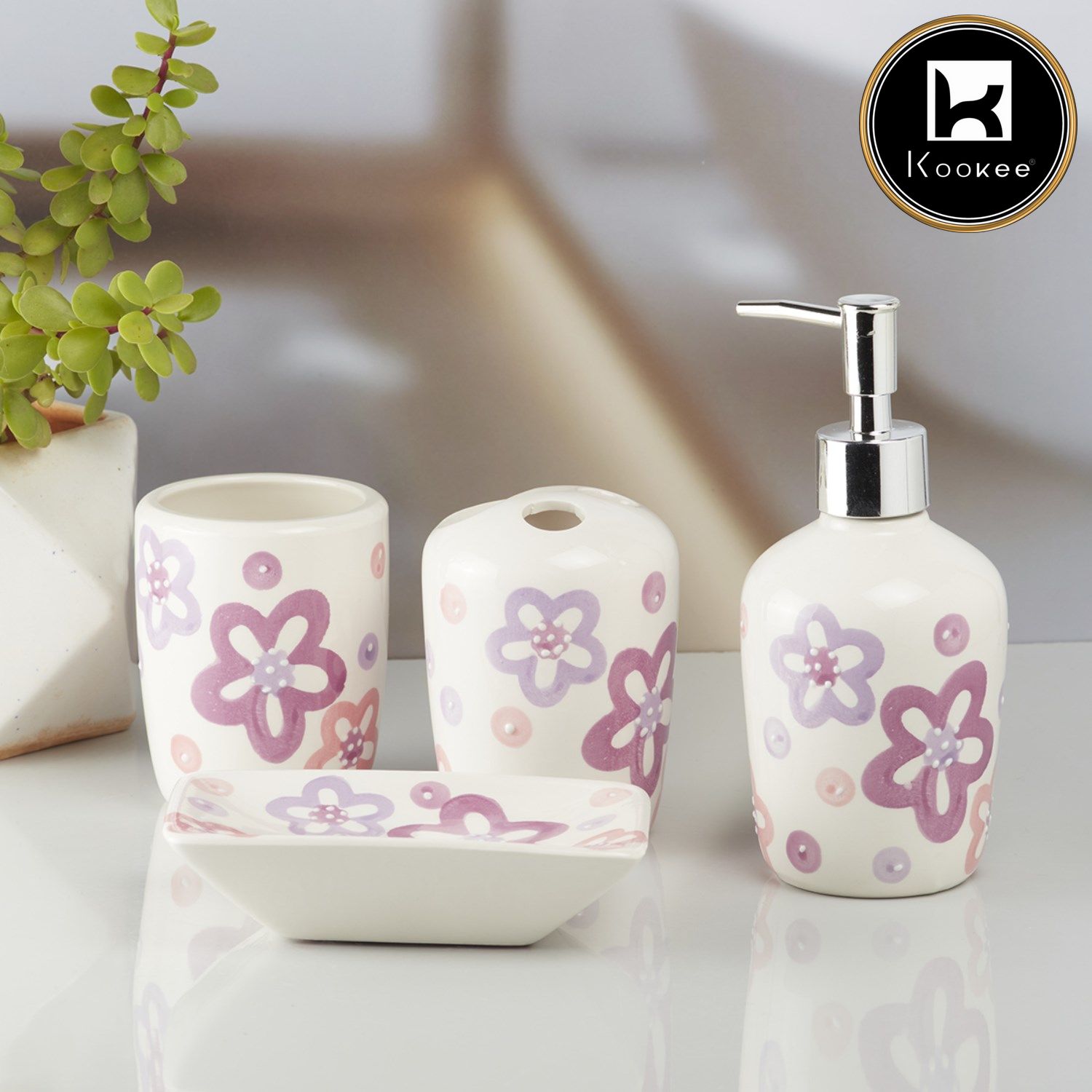 Ceramic Bathroom Set of 4 with Soap Dispenser (10213)