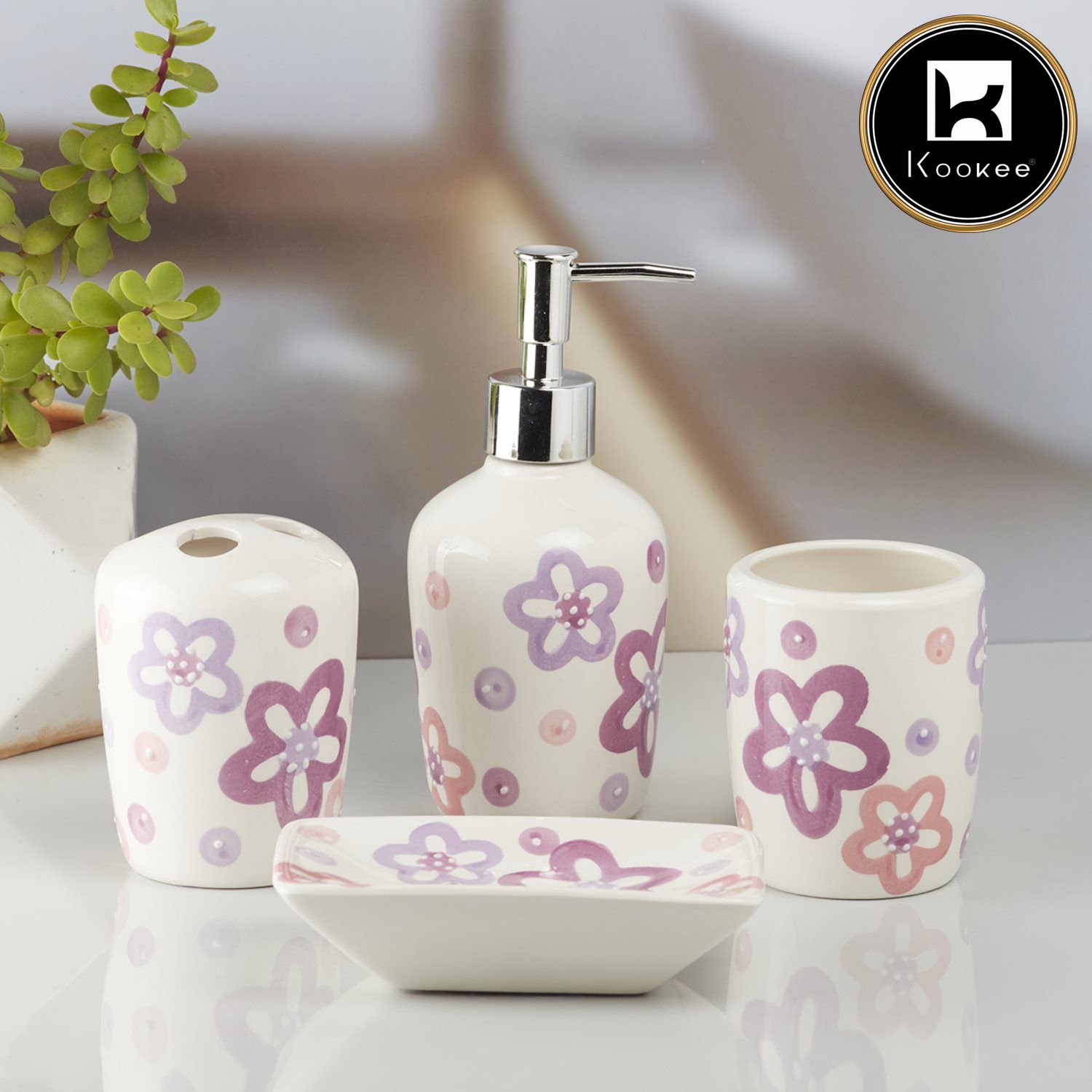 Ceramic Bathroom Set of 4 with Soap Dispenser (10213)