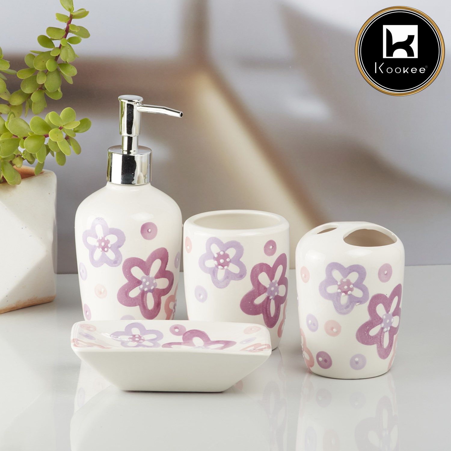 Kookee Ceramic Bathroom Accessories Set of 4, Modern Bath Set with Liquid handwash Soap Dispenser and Toothbrush holder, Luxury Gift Accessory for Home, White/Pink