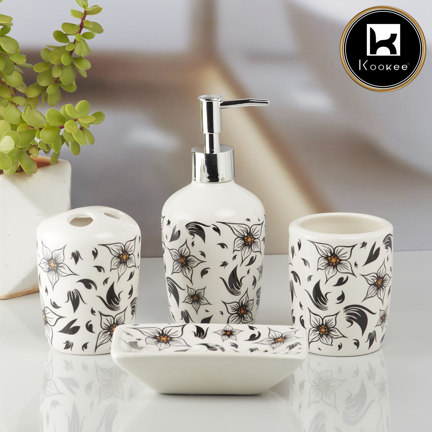 Ceramic Bathroom Set of 4 with Soap Dispenser (10214)