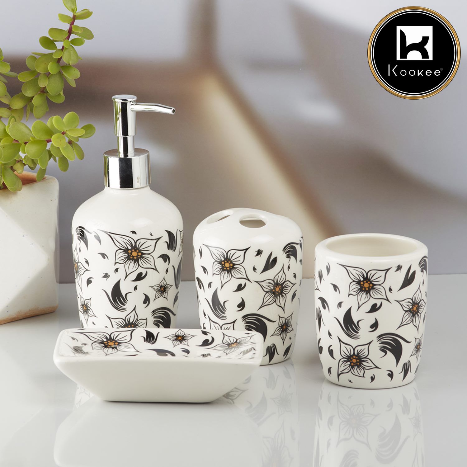 Ceramic Bathroom Set of 4 with Soap Dispenser (10214)