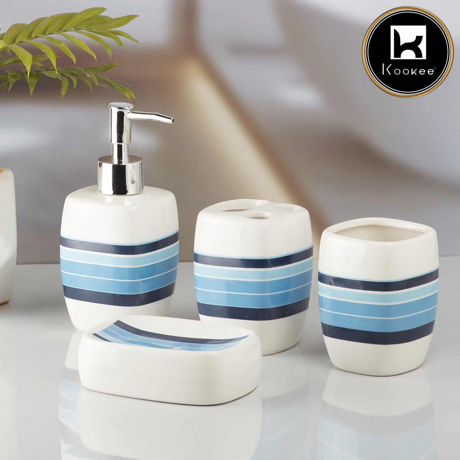 Kookee Ceramic Bathroom Accessories Set of 4, Modern Bath Set with Liquid handwash Soap Dispenser and Toothbrush holder, Luxury Gift Accessory for Home, Blue