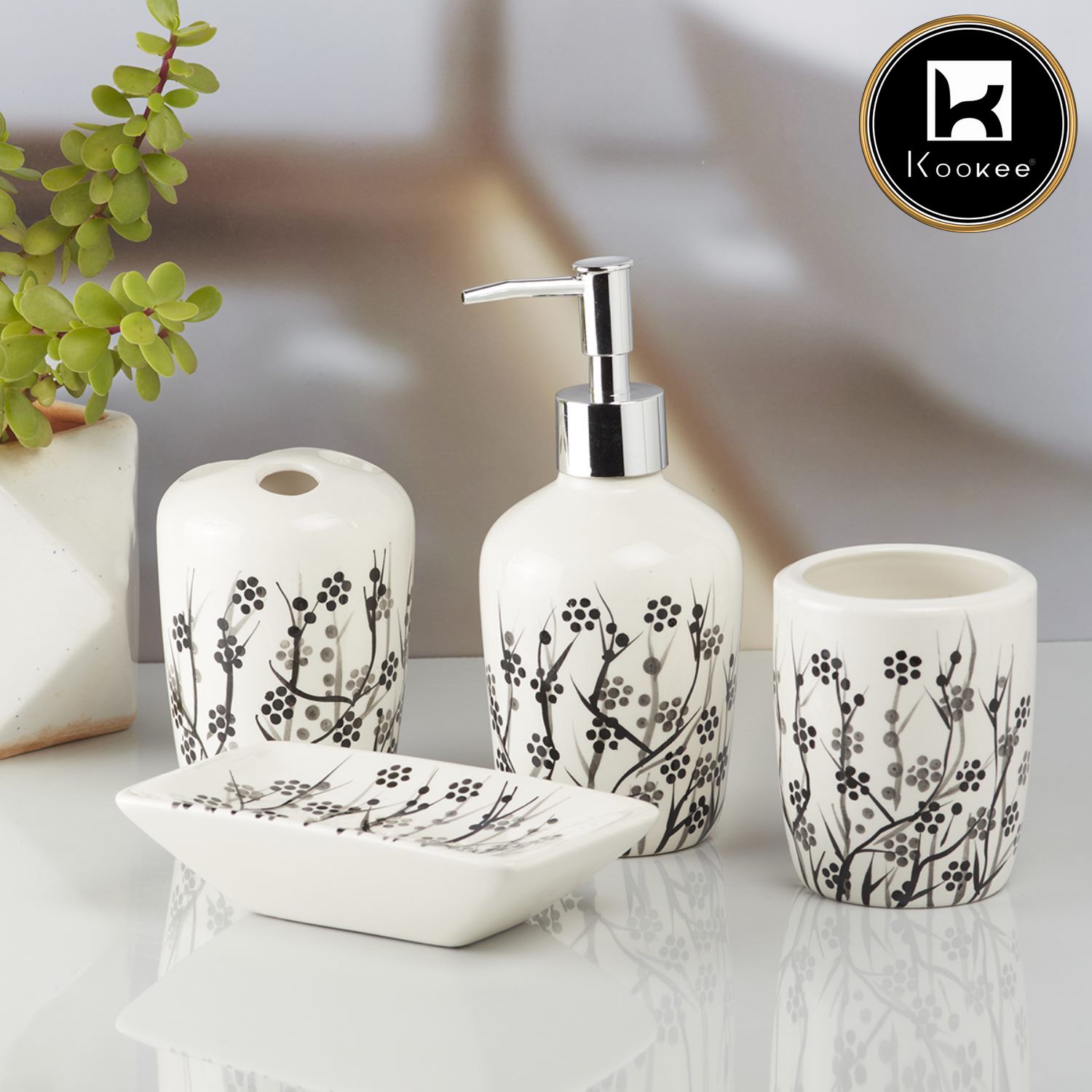 Ceramic Bathroom Set of 4 with Soap Dispenser (10219)