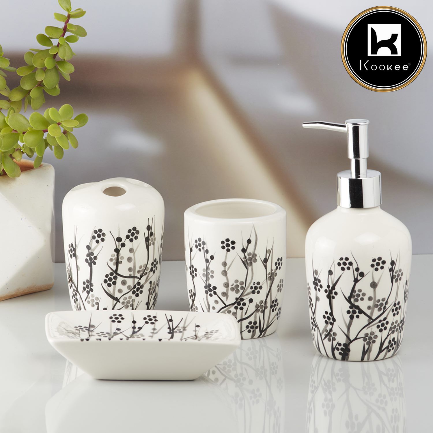 Ceramic Bathroom Set of 4 with Soap Dispenser (10219)