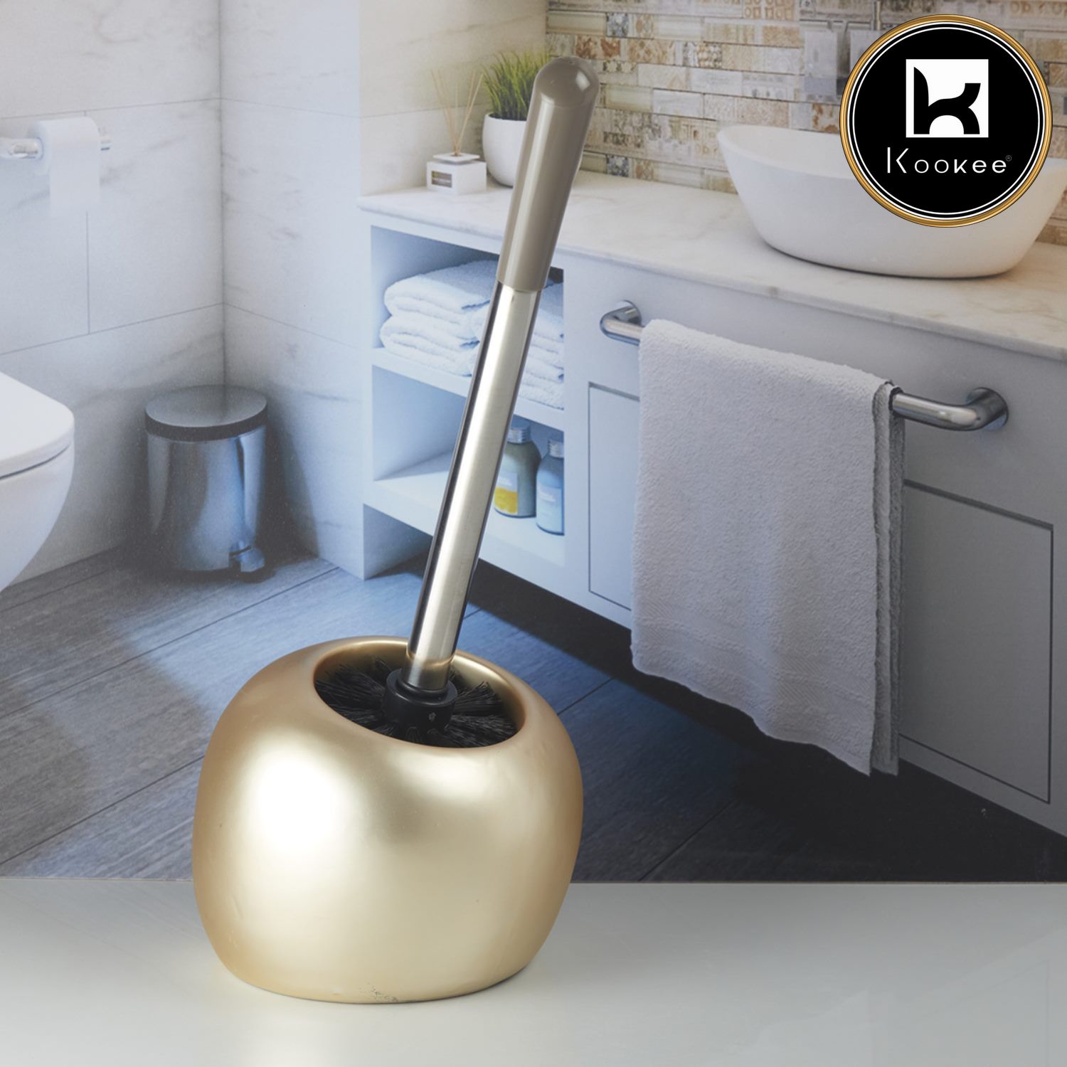 Kookee Ceramic Toilet Cleaner Brush with Holder Stand for Bathroom, Commode, Washroom, Toilet Cleaning Brush, Gold