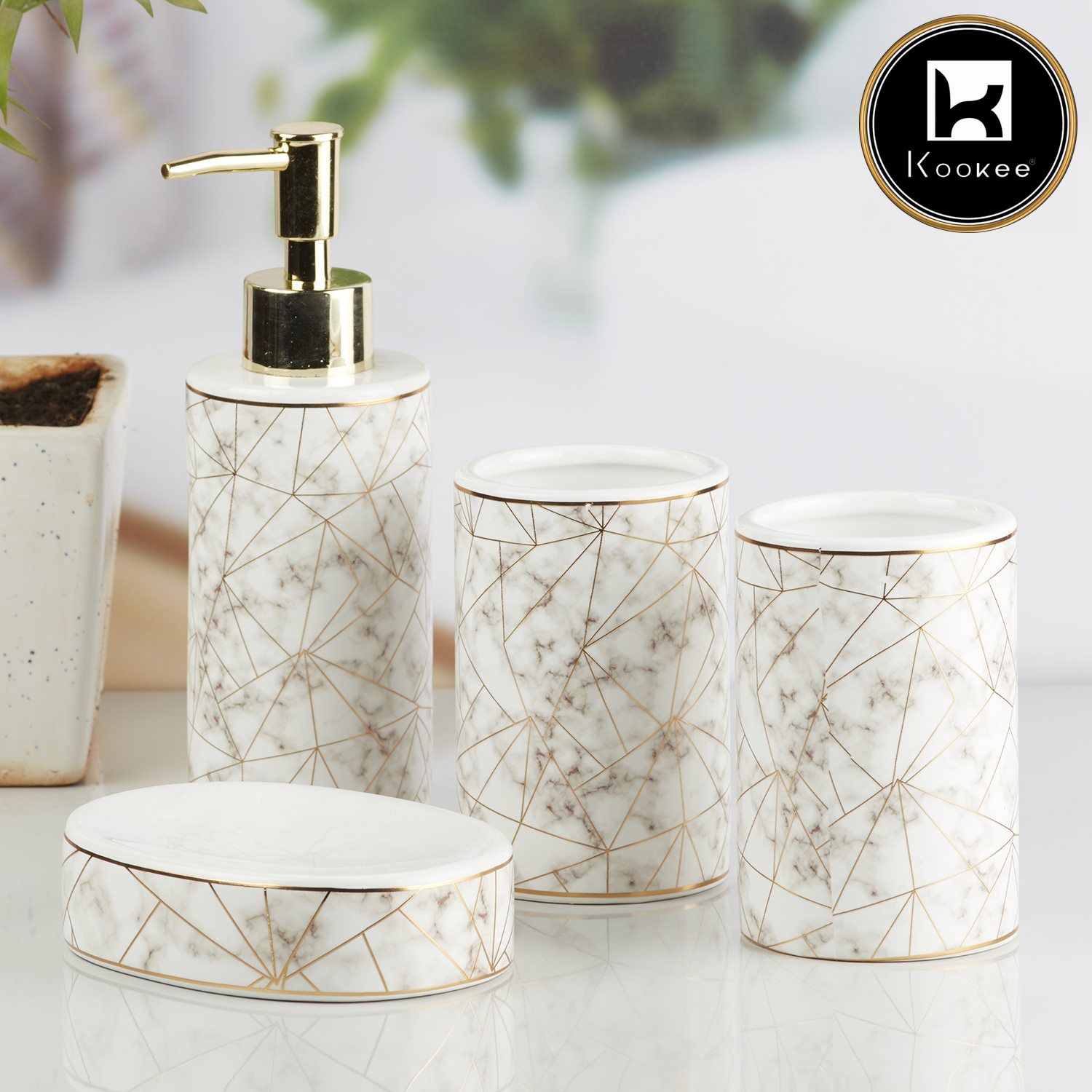 Kookee Ceramic Bathroom Accessories Set of 4, Modern Bath Set with Liquid handwash Soap Dispenser and Toothbrush holder, Luxury Gift Accessory for Home, White/Gold