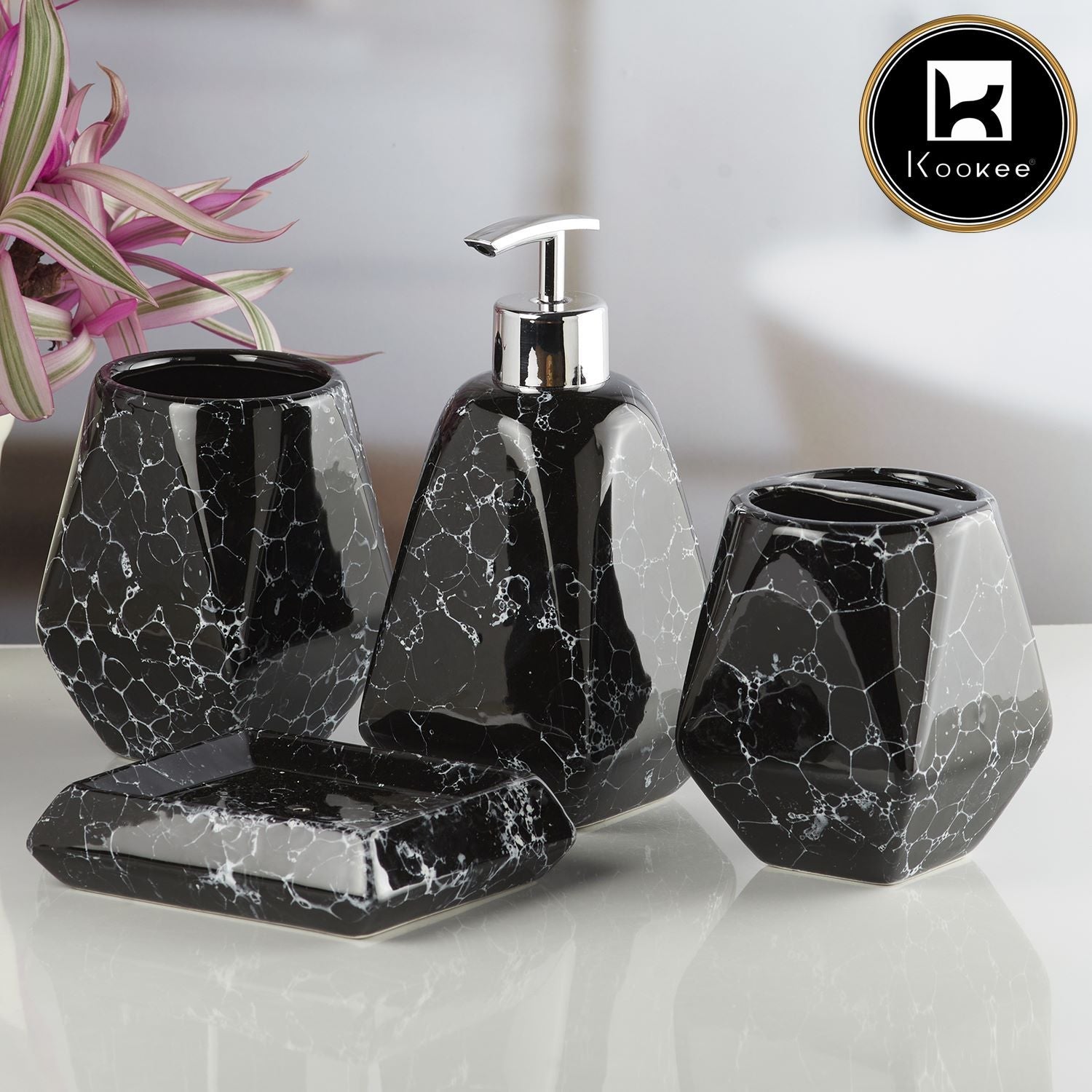 Ceramic Bathroom Set of 4 with Soap Dispenser (10227)