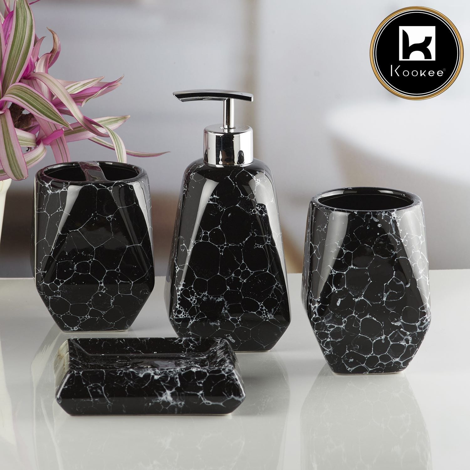 Kookee Ceramic Bathroom Accessories Set of 4, Modern Bath Set with Liquid handwash Soap Dispenser and Toothbrush holder, Luxury Gift Accessory for Home, Black