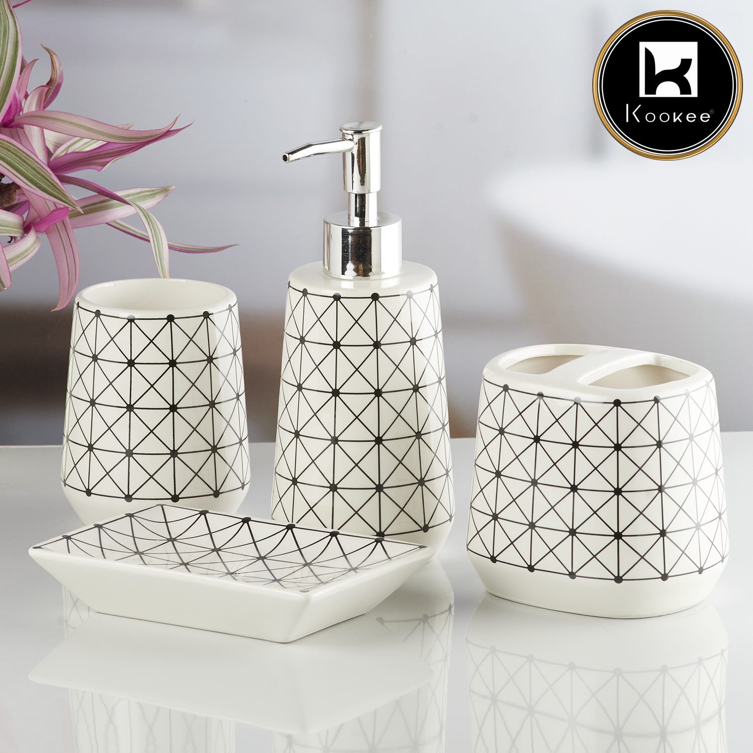 Ceramic Bathroom Accessories Set of 4 with Soap Dispenser (10229)