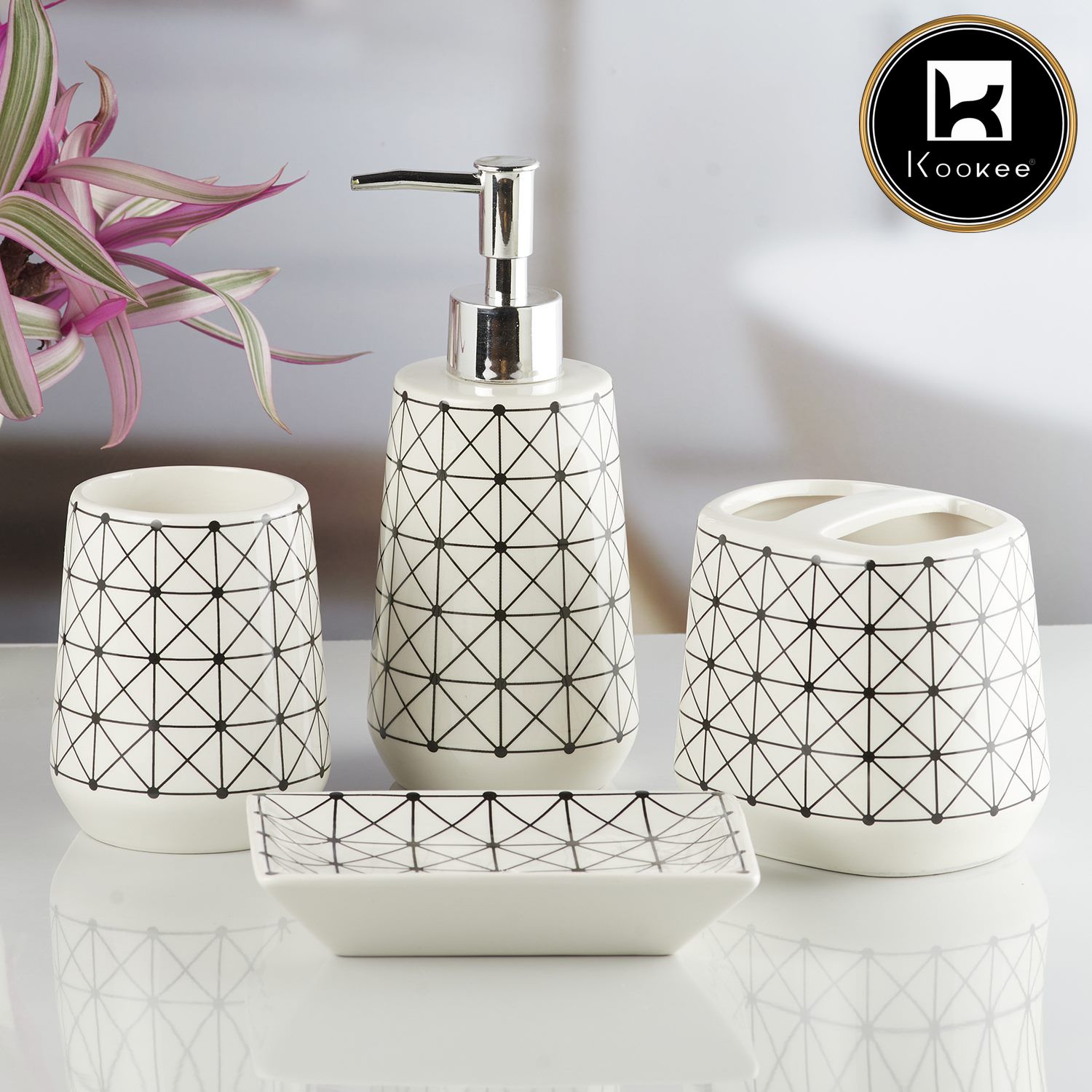 Ceramic Bathroom Accessories Set of 4 with Soap Dispenser (10229)