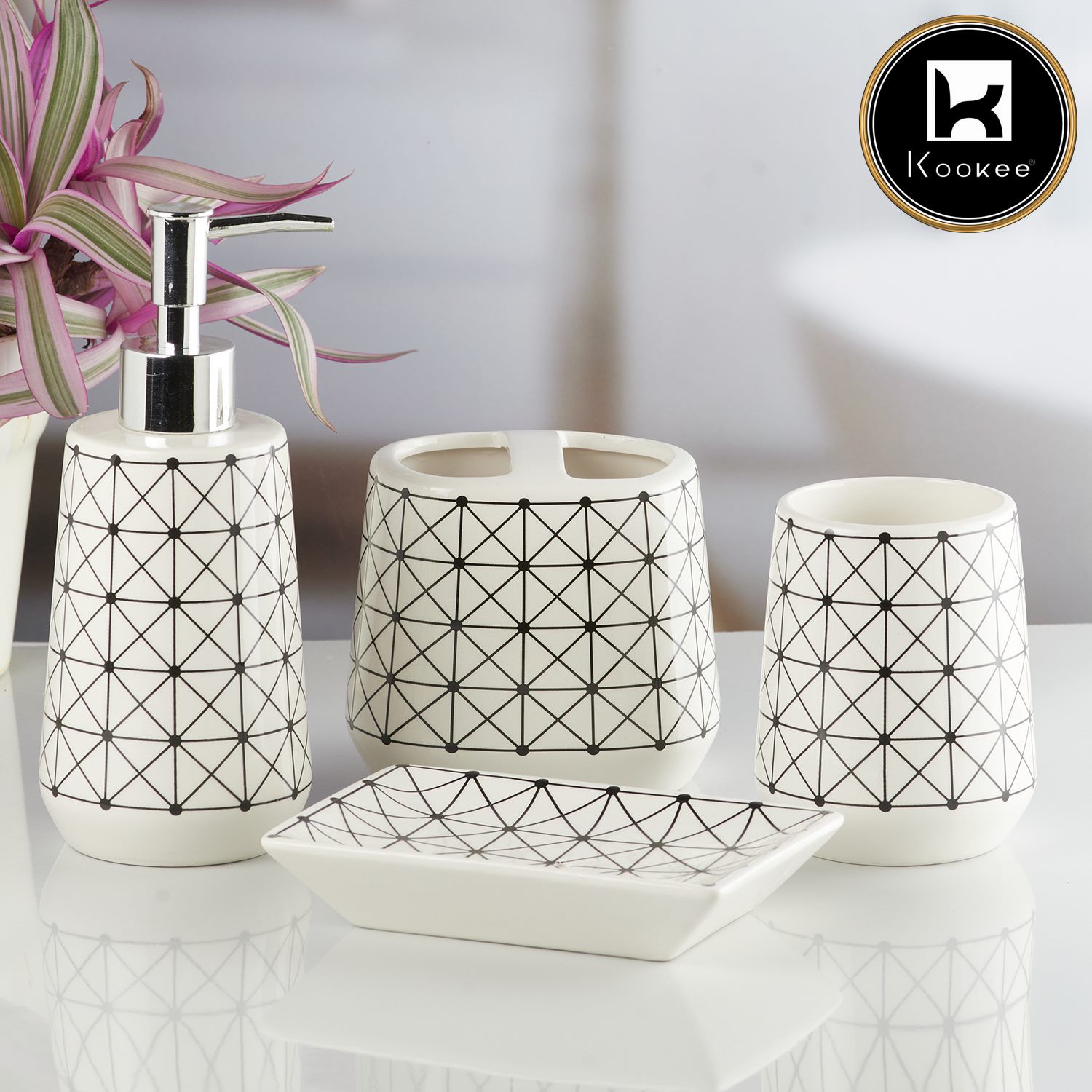 Ceramic Bathroom Accessories Set of 4 with Soap Dispenser (10229)