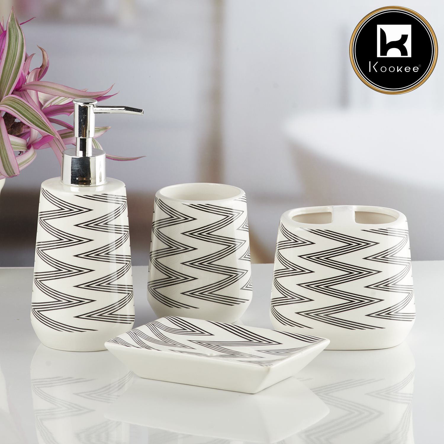 Ceramic Bathroom Set of 4 with Soap Dispenser (10230)