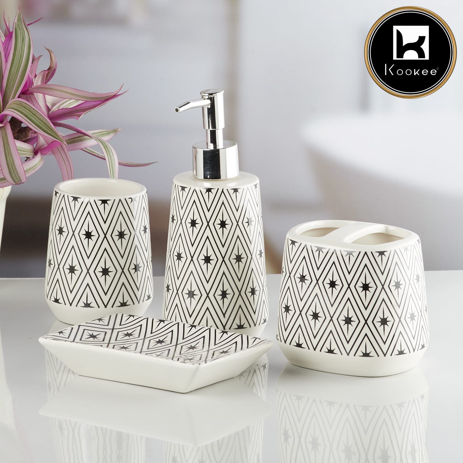 Ceramic Bathroom Accessories Set of 4 with Soap Dispenser (10232)