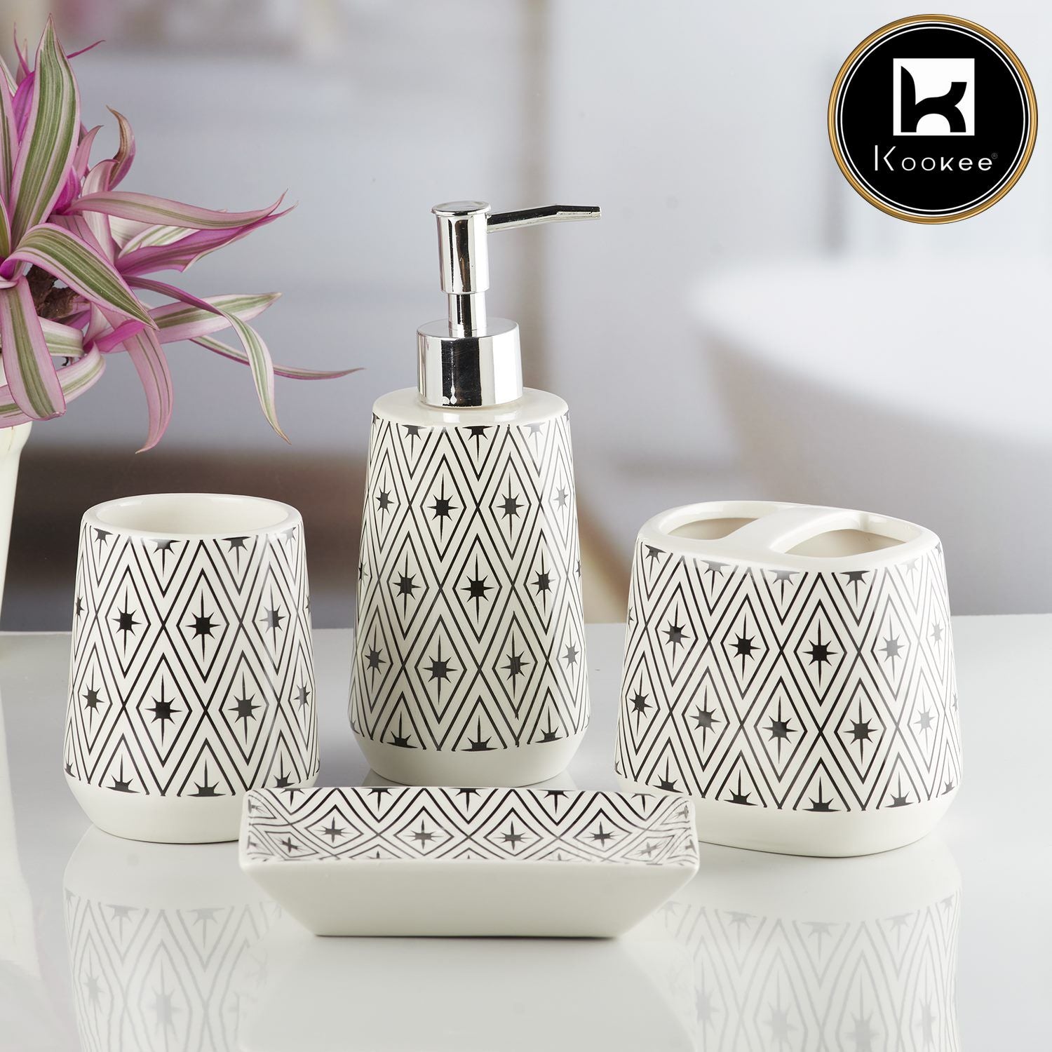 Ceramic Bathroom Accessories Set of 4 with Soap Dispenser (10232)