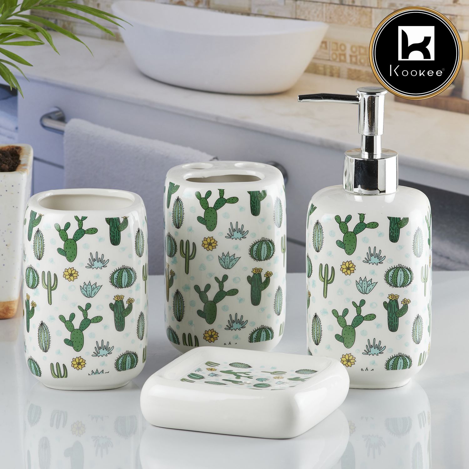 Ceramic Bathroom Set of 4 with Soap Dispenser (10233)