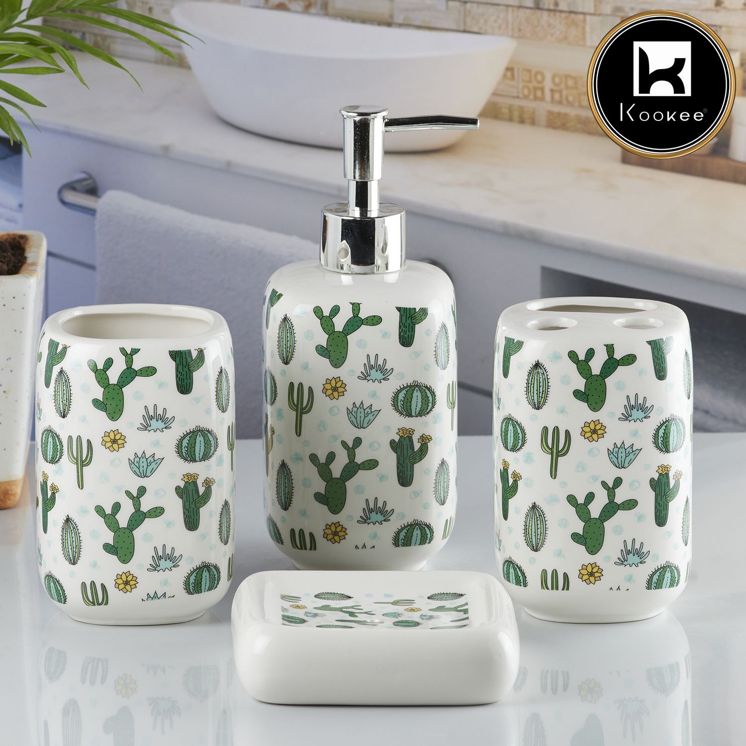 Ceramic Bathroom Set of 4 with Soap Dispenser (10233)