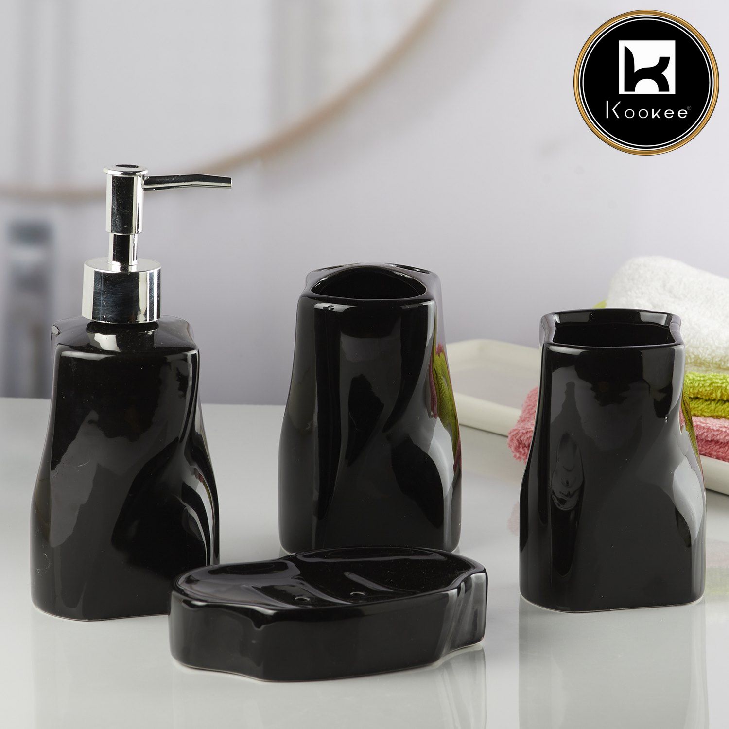 Kookee Ceramic Bathroom Accessories Set of 4, Modern Bath Set with Liquid handwash Soap Dispenser and Toothbrush holder, Luxury Gift Accessory for Home, Black