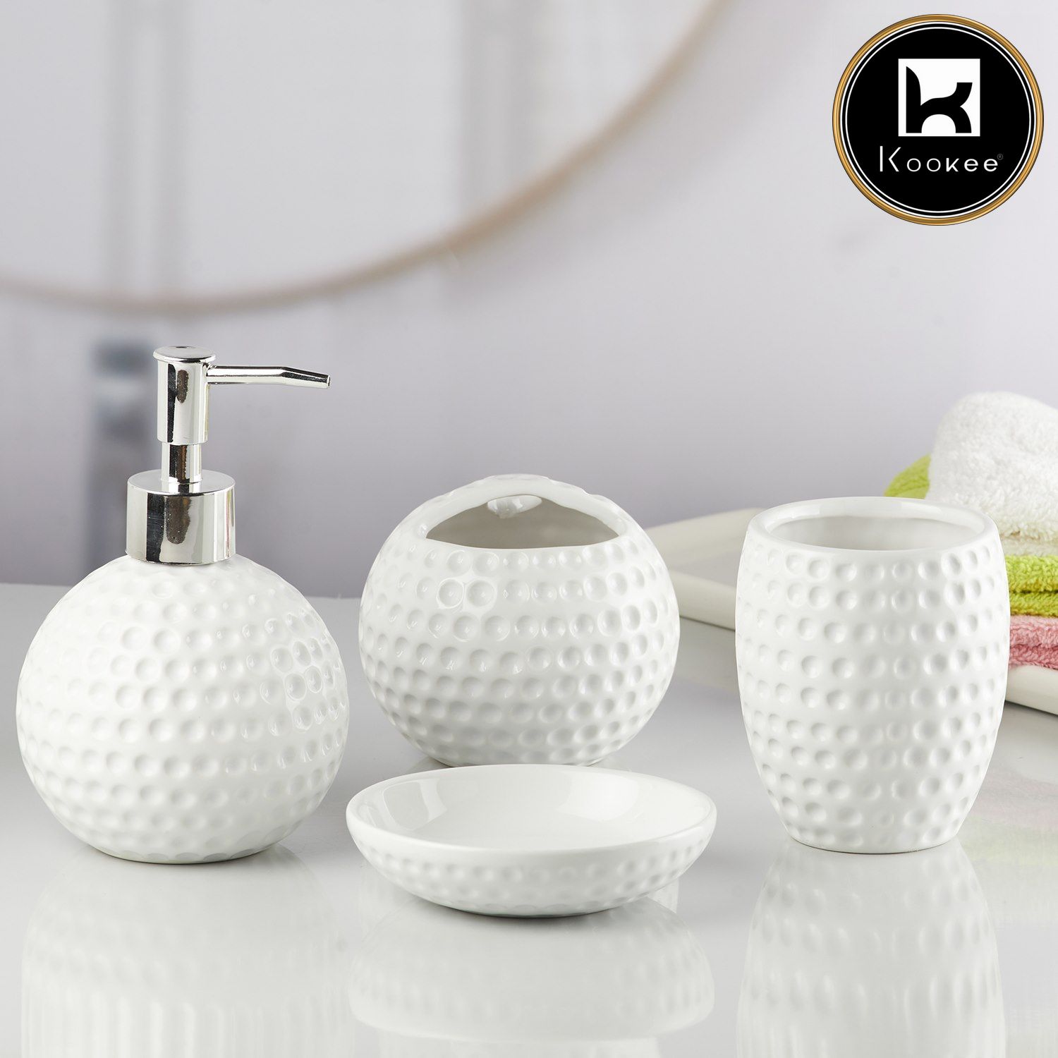 Kookee Ceramic Bathroom Accessories Set of 4, Modern Bath Set with Liquid handwash Soap Dispenser and Toothbrush holder, Luxury Gift Accessory for Home, White