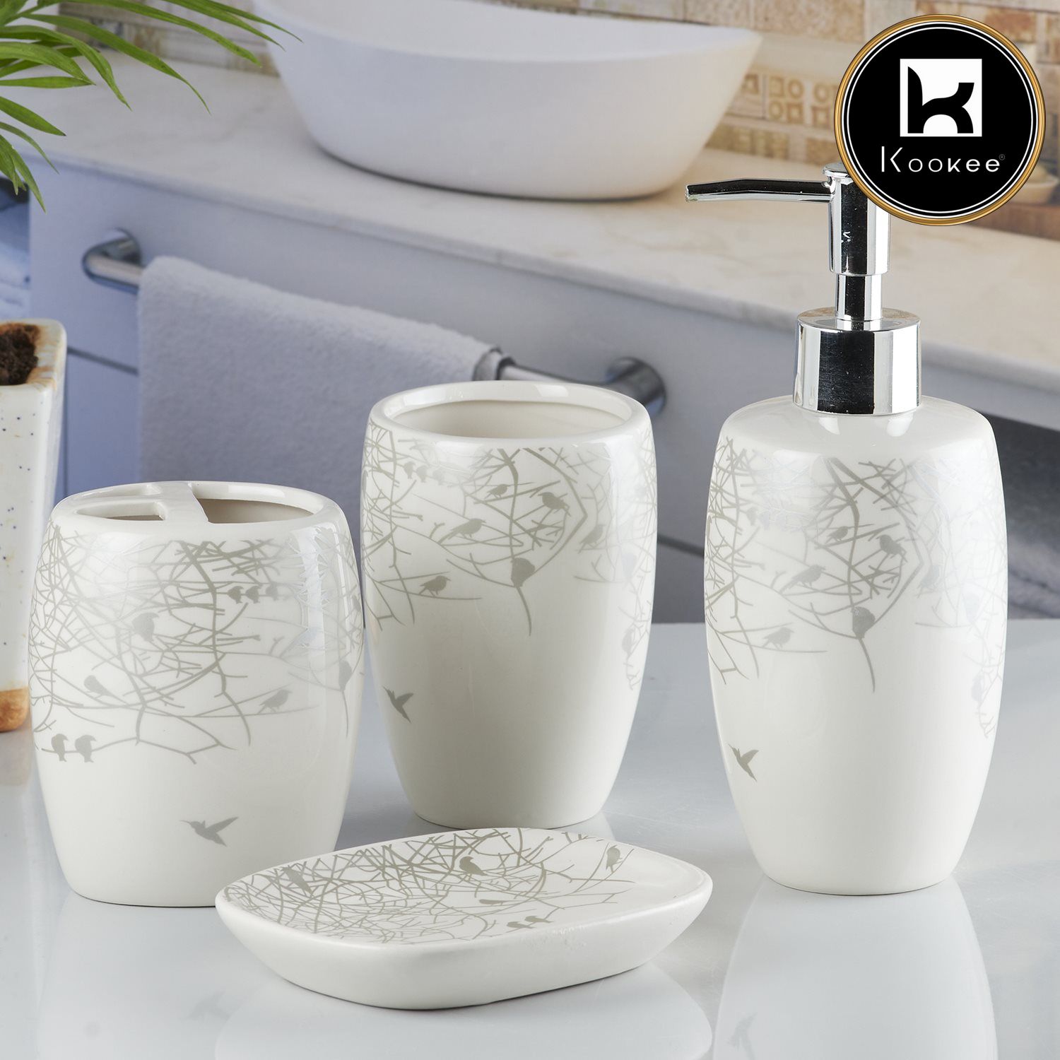 Ceramic Bathroom Accessories Set of 4 with Soap Dispenser (V-CBS-094)