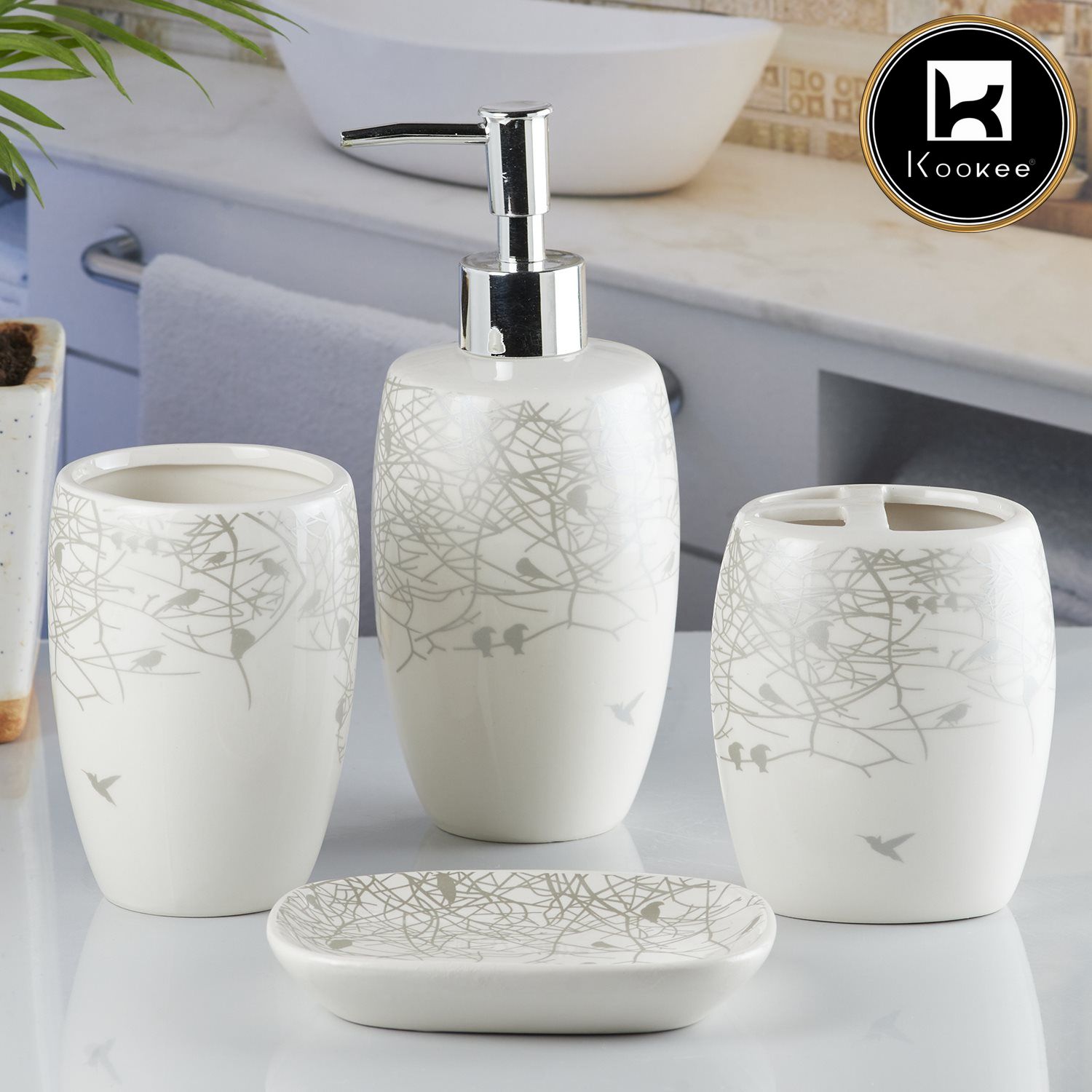 Ceramic Bathroom Accessories Set of 4 with Soap Dispenser (10241)