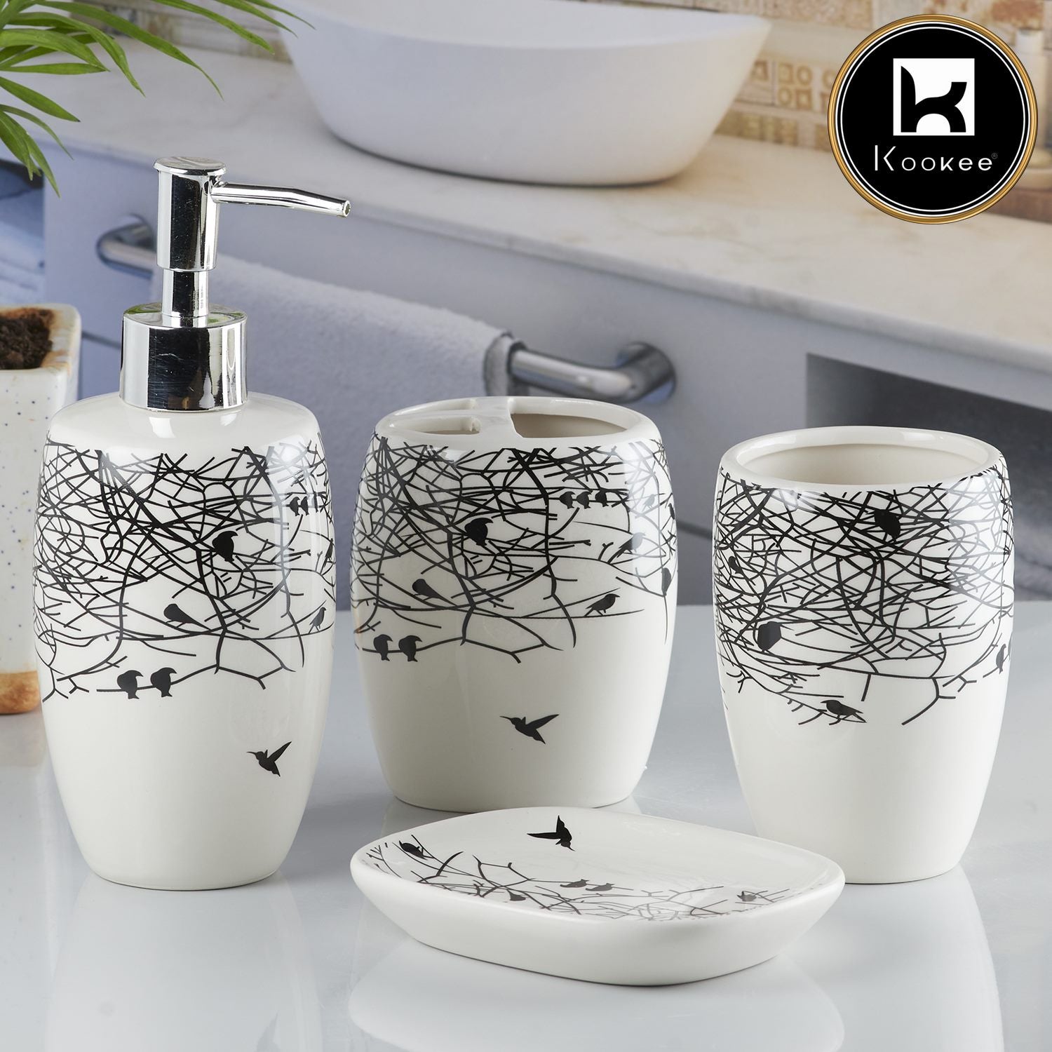 Ceramic Bathroom Accessories Set of 4 with Soap Dispenser (10242)