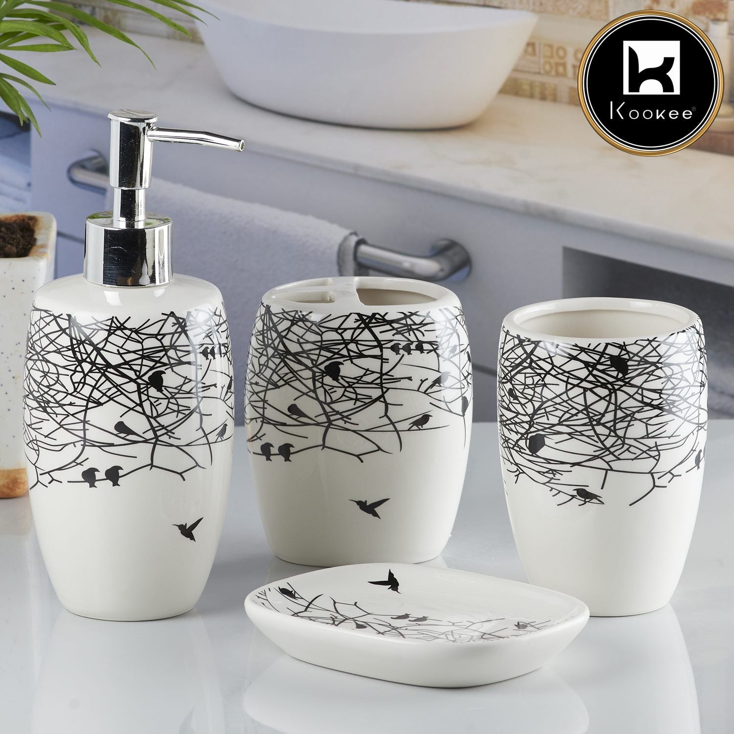 Kookee Ceramic Bathroom Accessories Set of 4, Modern Bath Set with Liquid handwash Soap Dispenser and Toothbrush holder, Luxury Gift Accessory for Home, White/Black