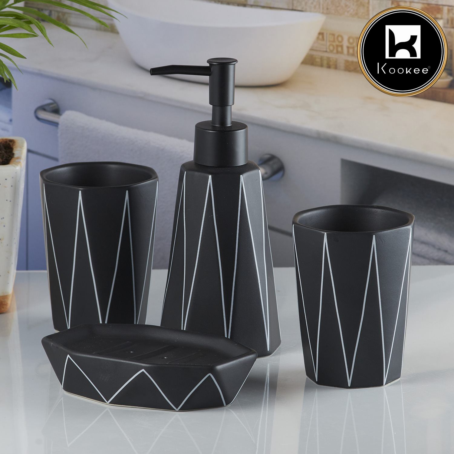 Ceramic Bathroom Accessories Set of 4 with Soap Dispenser (10243)