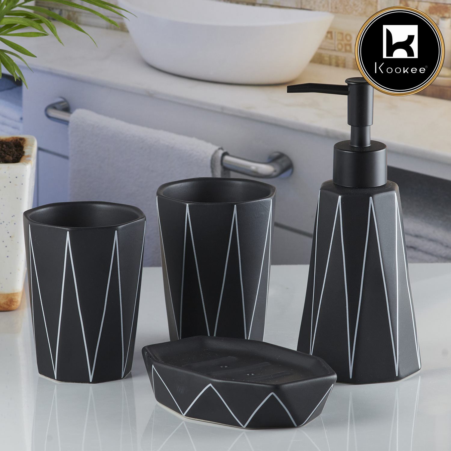 Ceramic Bathroom Accessories Set of 4 with Soap Dispenser (V-CBS-042-1)