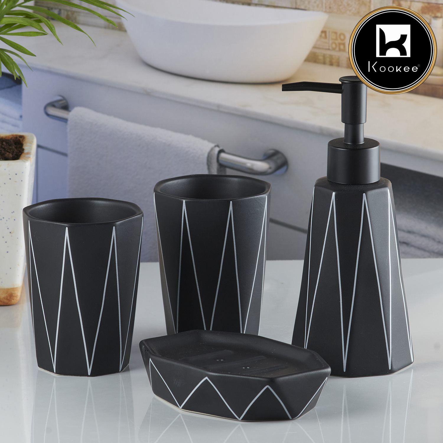 Ceramic Bathroom Accessories Set of 4 with Soap Dispenser (10243)