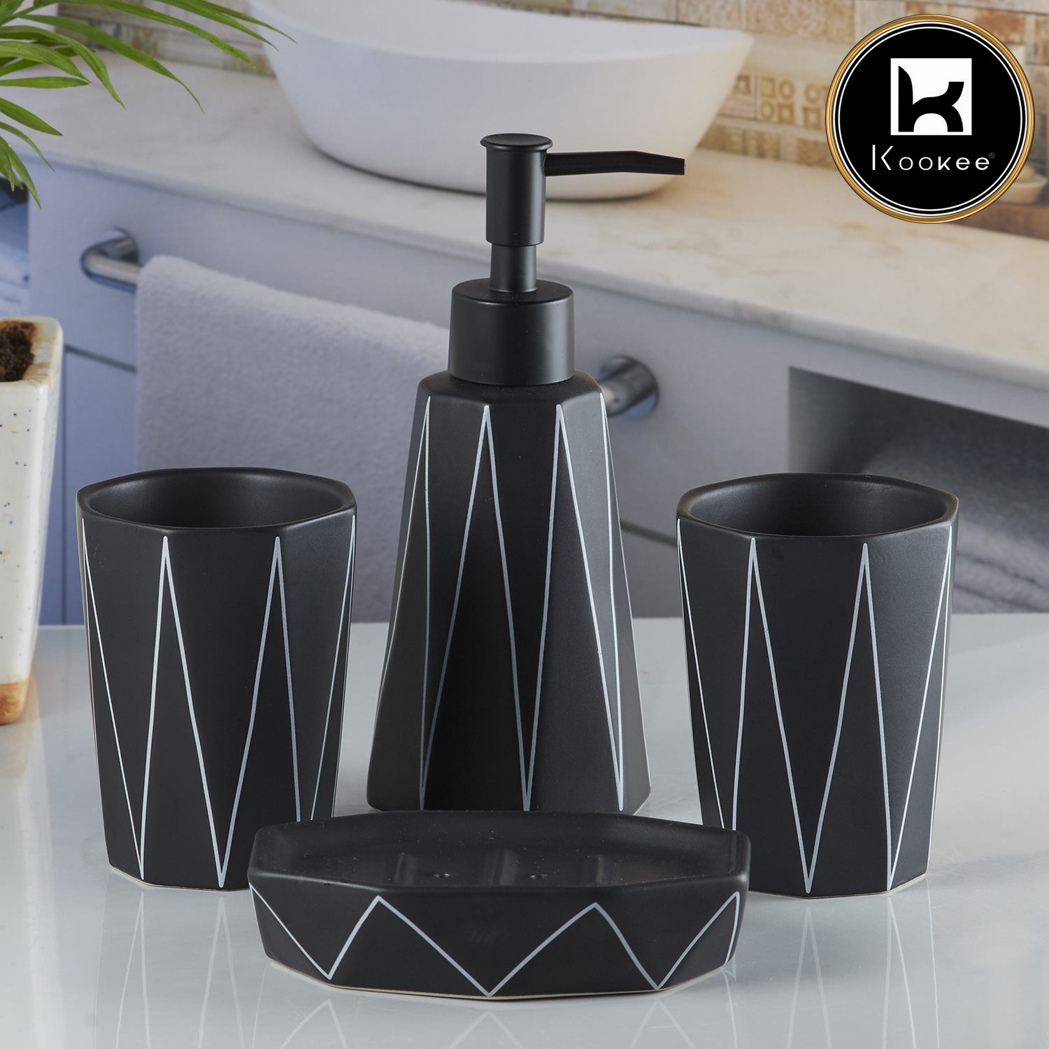 Ceramic Bathroom Accessories Set of 4 with Soap Dispenser (10243)