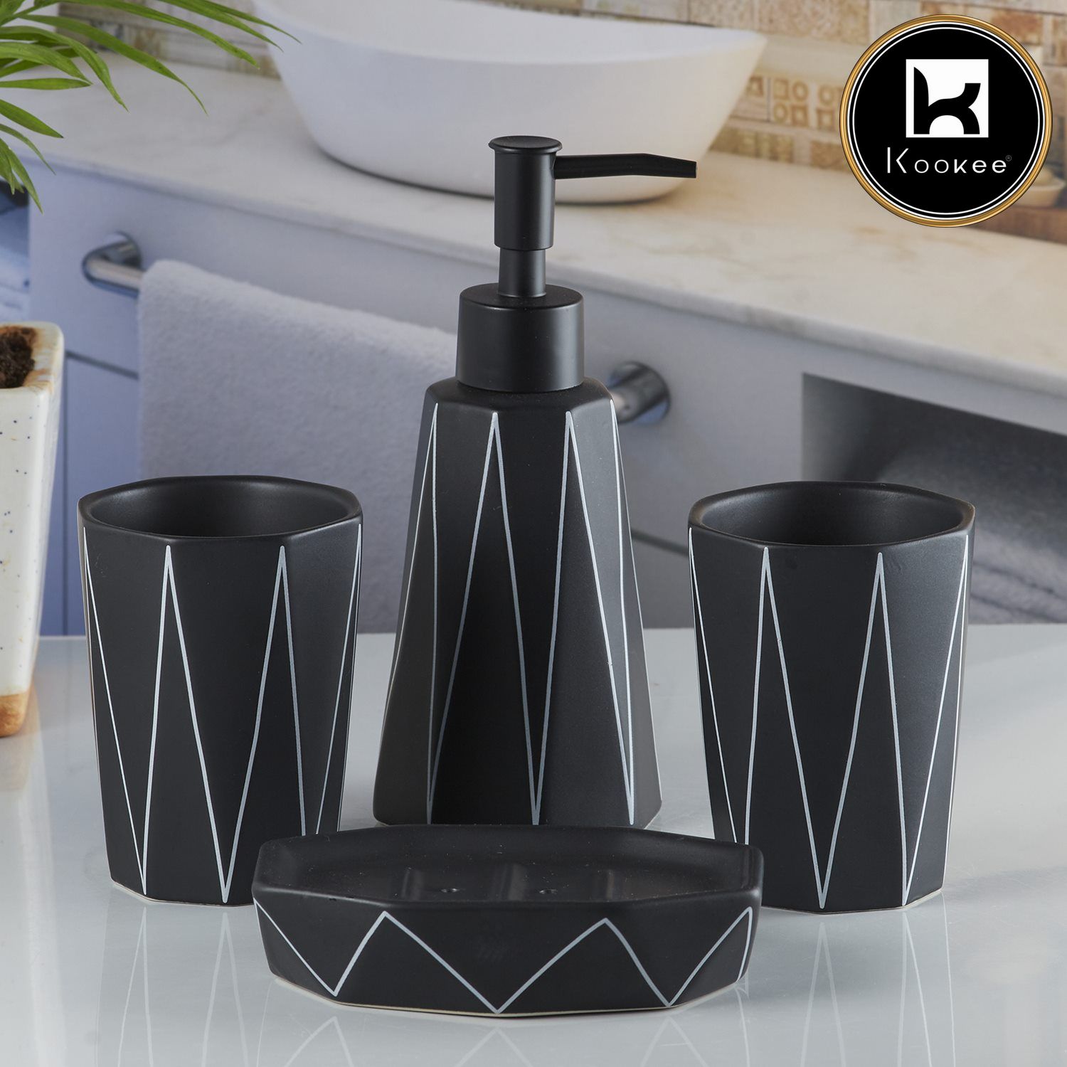 Ceramic Bathroom Accessories Set of 4 with Soap Dispenser (V-CBS-042-1)